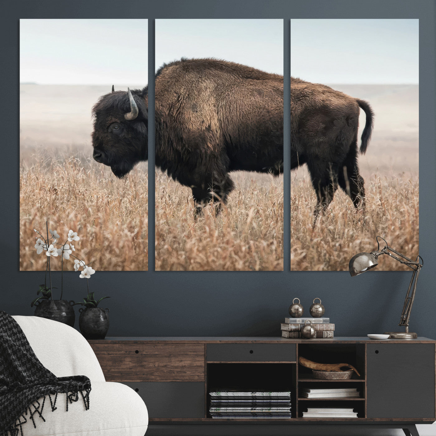 -American Bison Field Wall Art Canvas Print – Majestic Buffalo Grazing Wide Open Plains Wildlife Artwork for Home, Office