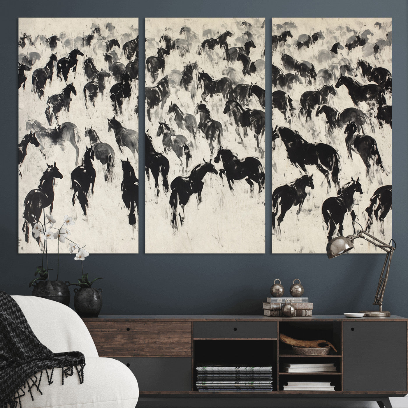 -Wild Horse Stampede Wall Art Canvas Print – Monochrome Running Horses Dynamic Motion Elegant Scene Artwork for Home, Office