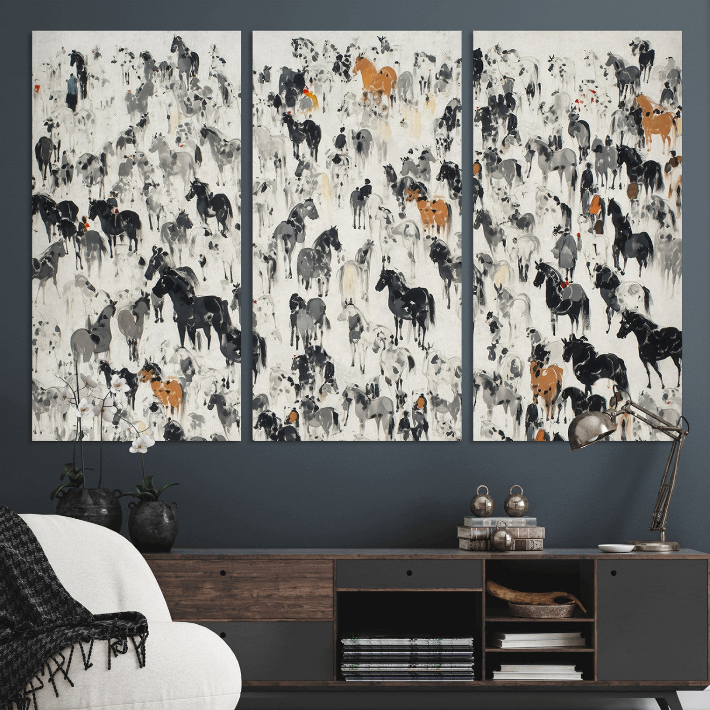 56463722-MGV-CV-36X24-Wild Horse Stampede Wall Art Canvas Print – Monochrome Running Horses Dynamic Motion Elegant Scene Artwork for Home, Office