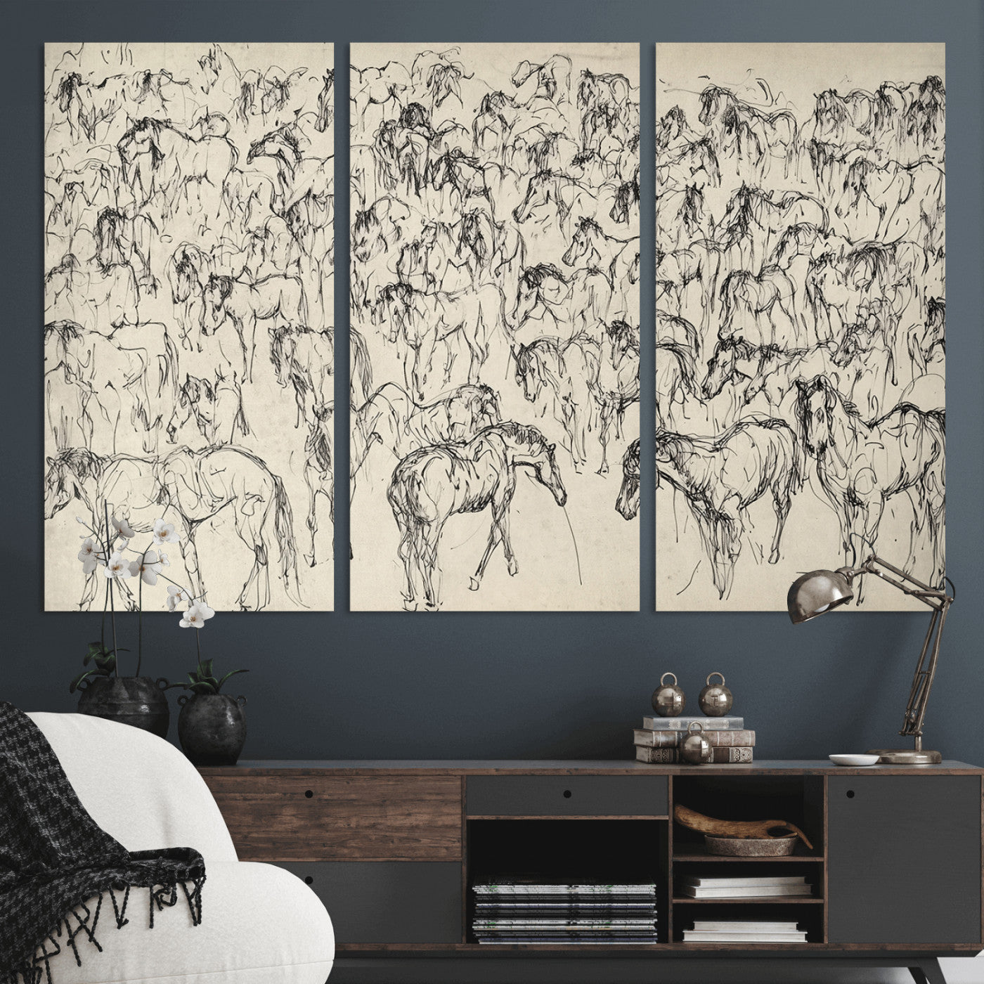 86653927-MGV-CV-36X24-Wild Horse Stampede Wall Art Canvas Print – Monochrome Running Horses Dynamic Motion Elegant Artwork for Home, Office