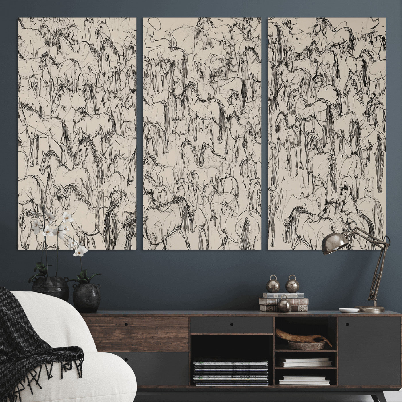 12358908-MGV-CV-36X24-Wild Horse Stampede Wall Art Canvas Print – Monochrome Running Horses Dynamic Motion Elegant Artwork for Home, Office