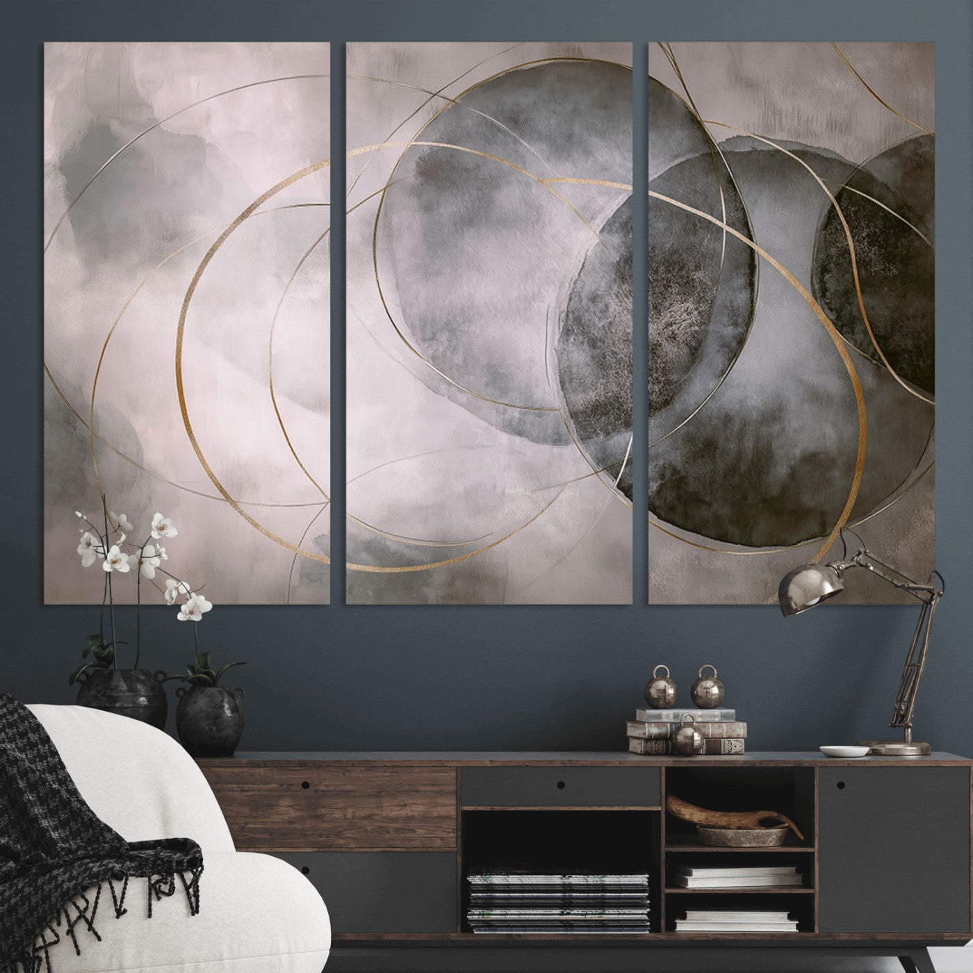 20066876-MGV-CV-36X24-Abstract Grey Gold Circle Wall Art – Modern Geometric Canvas Artwork, Minimal Elegant Design, Luxury Wall Decor for Home, Office