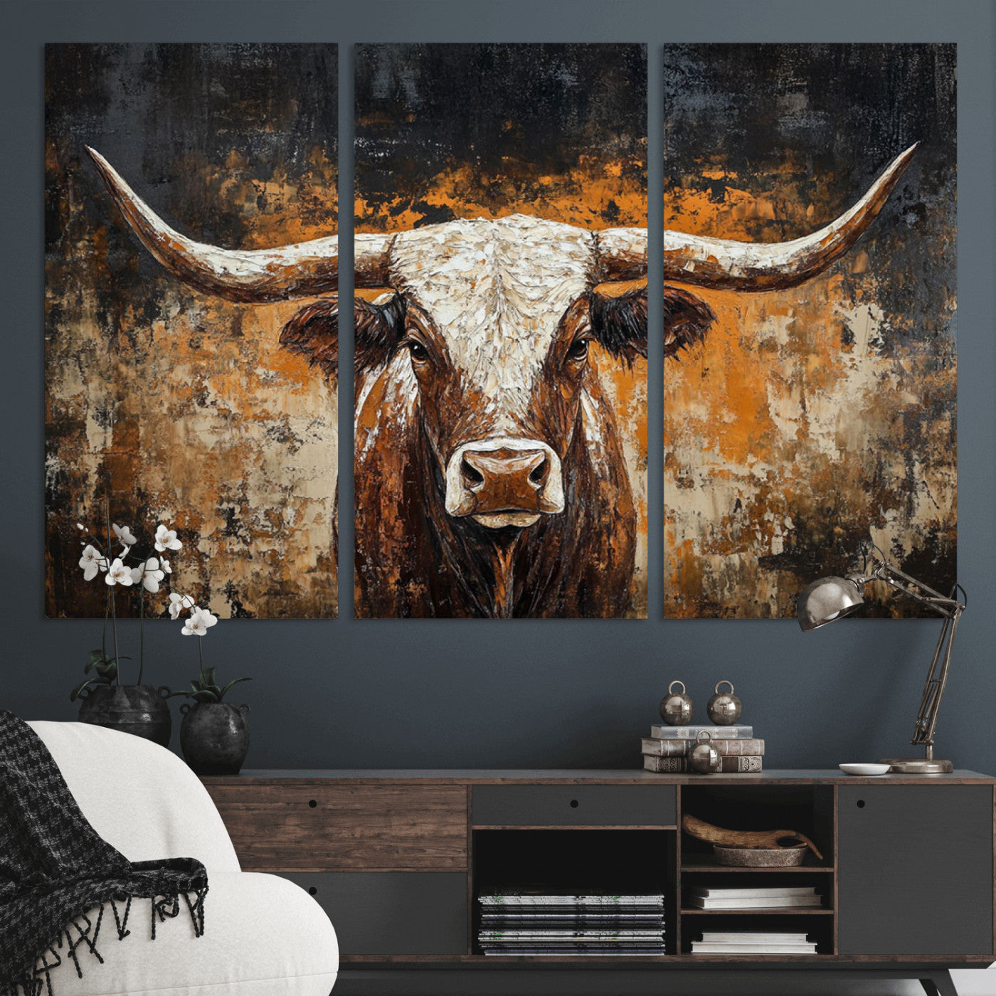 25265572-MGV-CV-36X24-Rustic Longhorn Bull Wall Art Canvas Print – Vintage Western Cattle Scene, Texas Steer Artwork for Home, Office