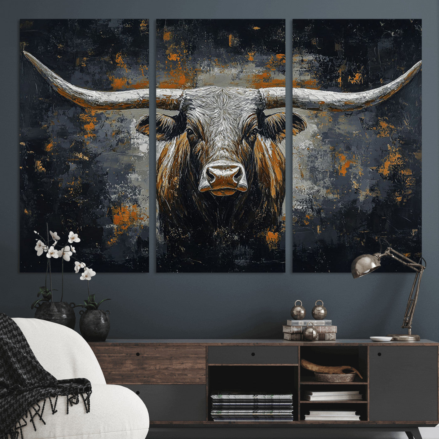 93195031-MGV-CV-36X24-Rustic Longhorn Bull Wall Art Canvas Print – Vintage Western Cattle Scene, Texas Steer Artwork for Home, Office