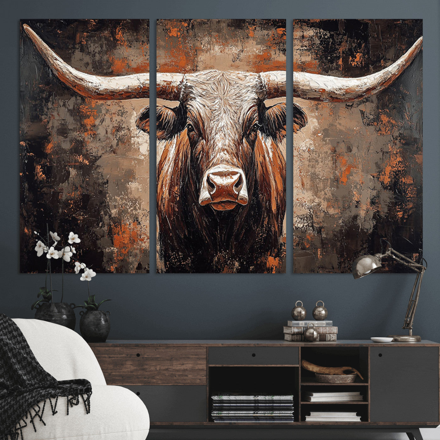 42732393-MGV-CV-36X24-Rustic Longhorn Bull Wall Art Canvas Print – Vintage Western Cattle Scene, Texas Steer Artwork for Home, Office