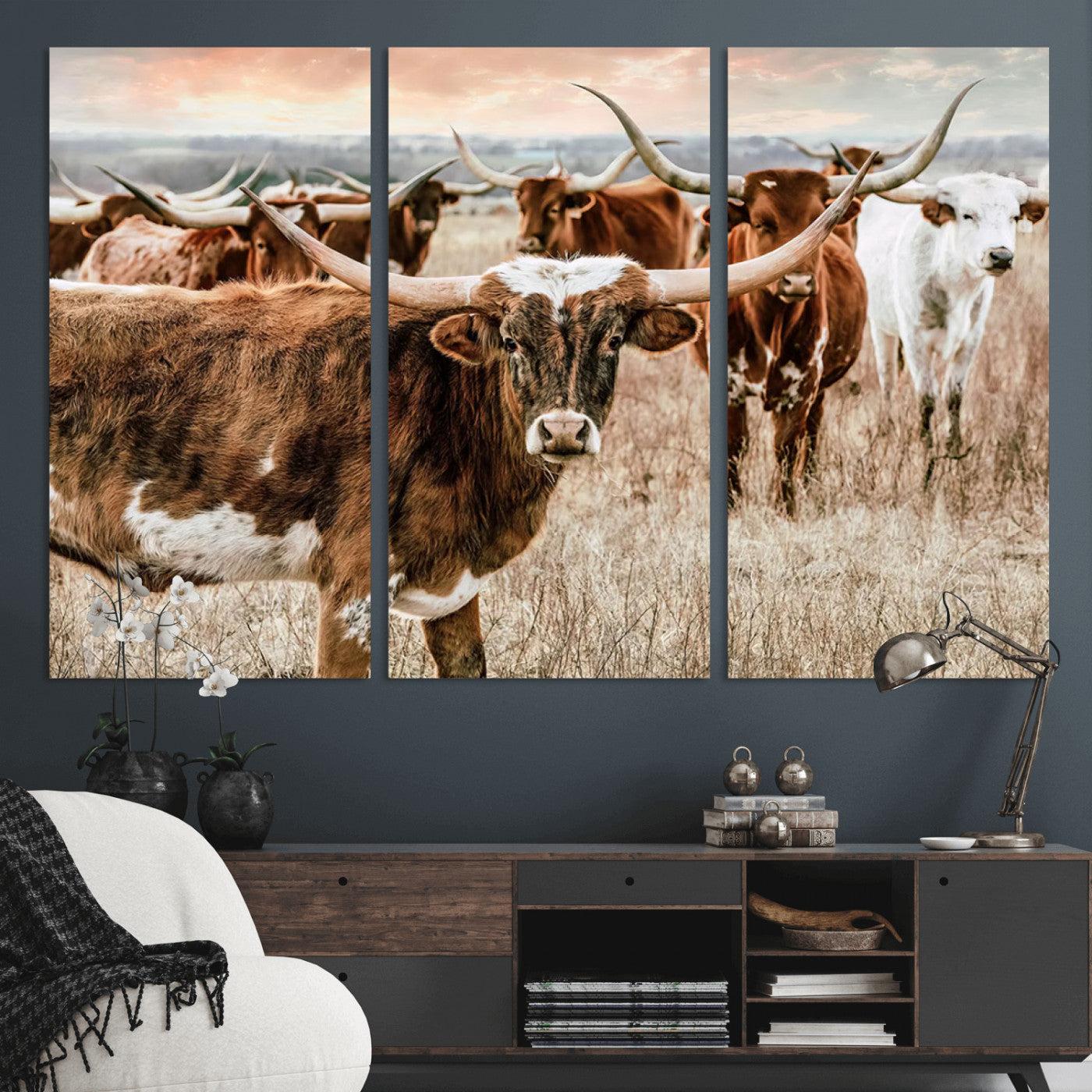 -Texas Longhorn Cattle Wall Art Canvas Print – Rustic Western Ranch Scene with Steers Sunset for Home, Office