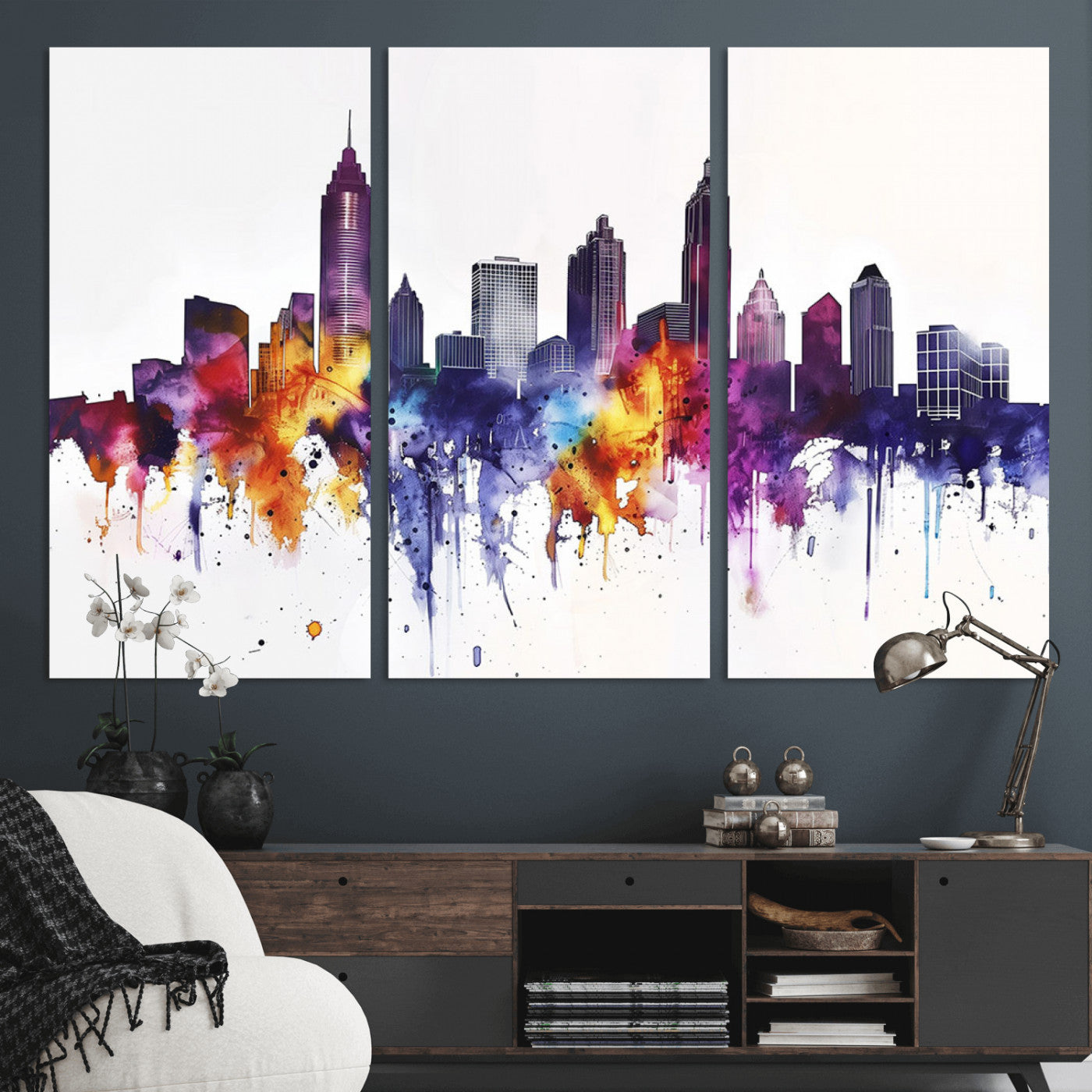 34479880-MGV-CV-36X24-Atlanta Skyline Wall Art Canvas Print – Framed Colorful Watercolor Cityscape Artwork for Home, Office, Living Room