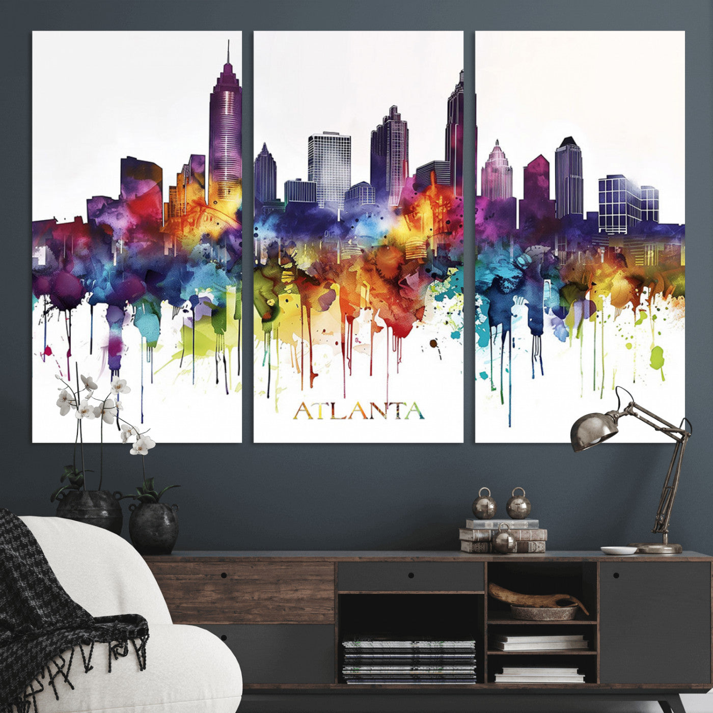 36048320-MGV-CV-36X24-Atlanta Skyline Wall Art Canvas Print – Framed Colorful Watercolor Cityscape Abstract Urban Artwork for Home, Office
