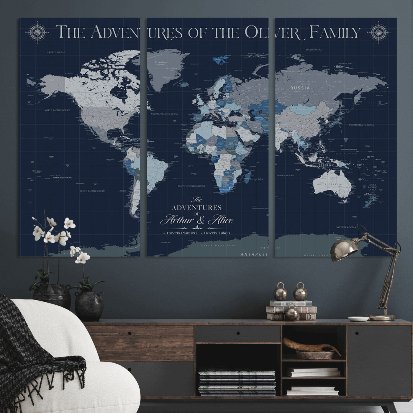 -Personalized Family Adventure World Map – Custom Framed Push Pin Travel Tracker Canvas, Elegant Wall Art for Home, Office