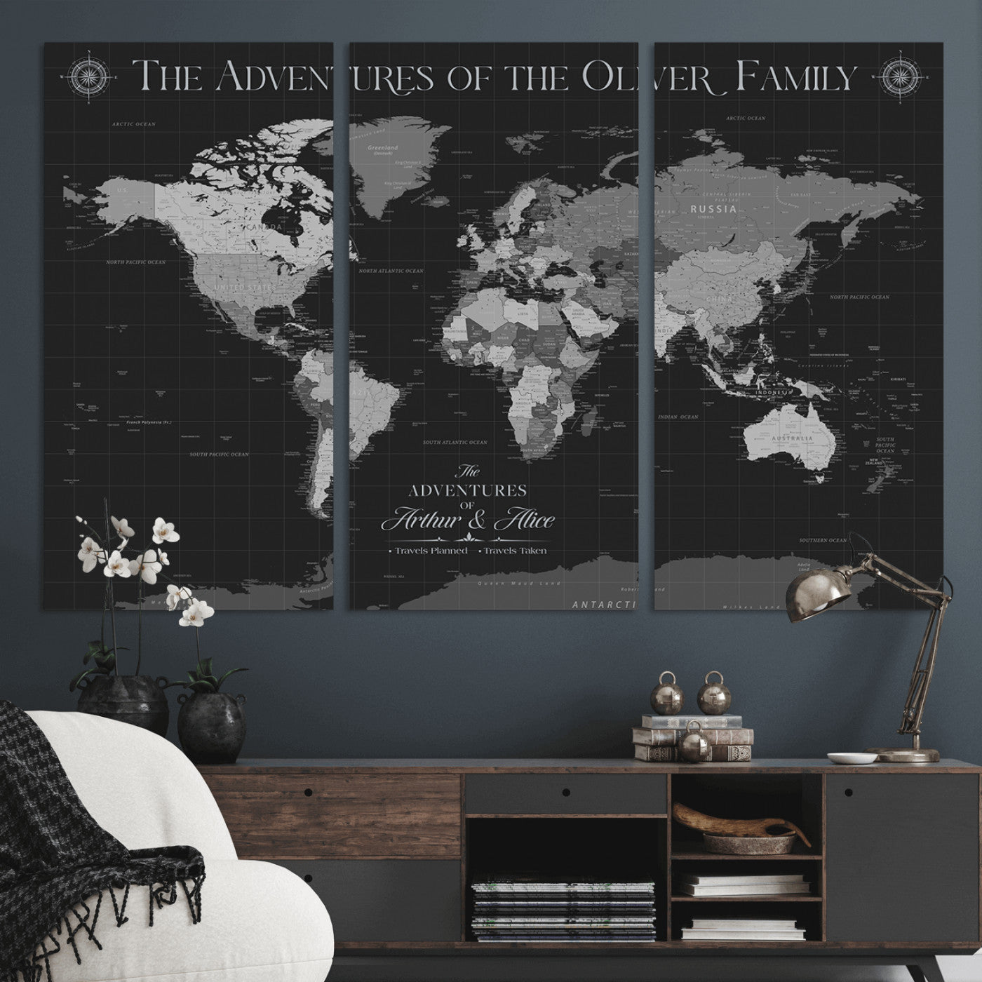 -Personalized Family World Map Canvas – Custom Framed Push Pin Travel Tracker, Modern Adventure Wall Art for Home, Office