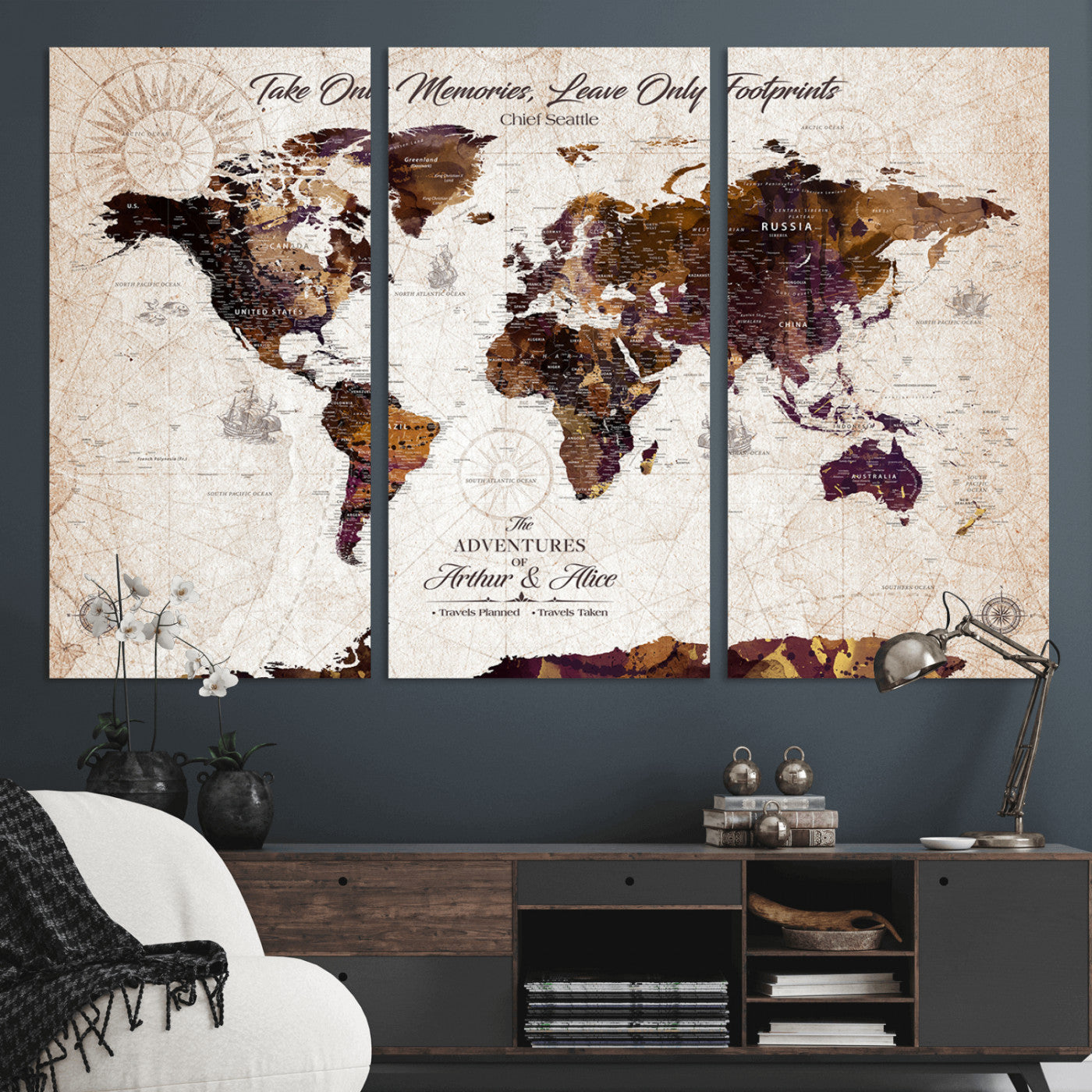 -Personalized World Map Canvas – Custom Framed Push Pin Travel Tracker, Elegant Wall Art Gift for Couples for Home, Office