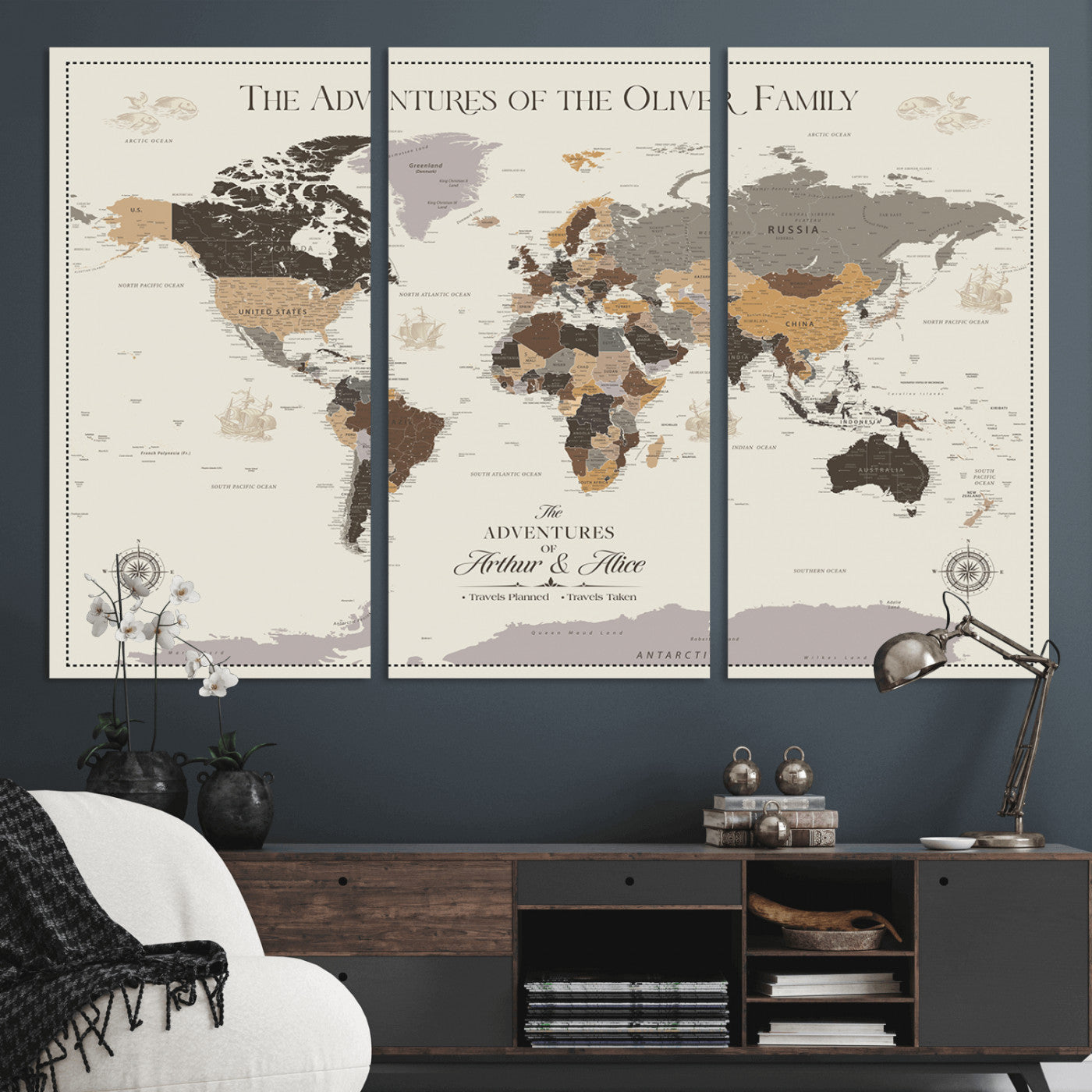 -Personalized Family Adventure World Map Canvas – Custom Framed Push Pin Travel Tracker, Wall Art Gift for Home, Office