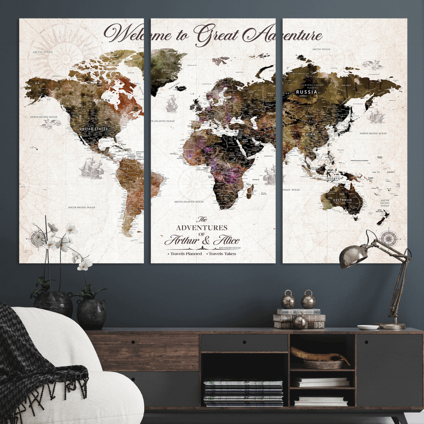 -Personalized World Map Canvas Custom Framed Push Pin Travel Tracker Vintage Adventure Wall Art Gift Couples Travelers Home, Office