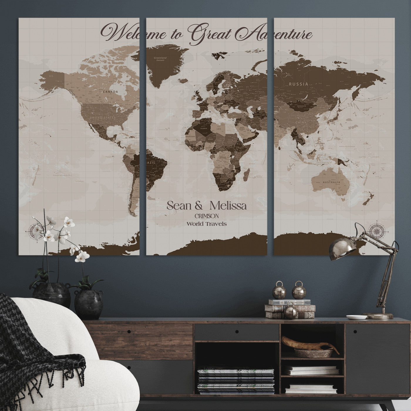 -Personalized World Map Canvas Custom Framed Push Pin Travel Tracker Modern Minimalist Wall Art Gift Couples for Home, Office