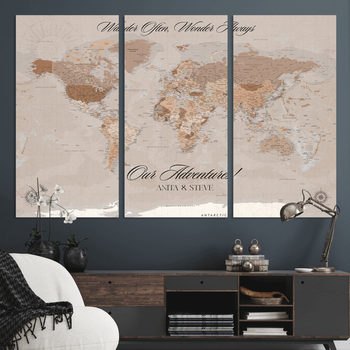 -Personalized World Map Canvas Custom Framed Push Pin Travel Tracker Elegant Neutral Wall Art Gift Couples Travelers for Home, Office
