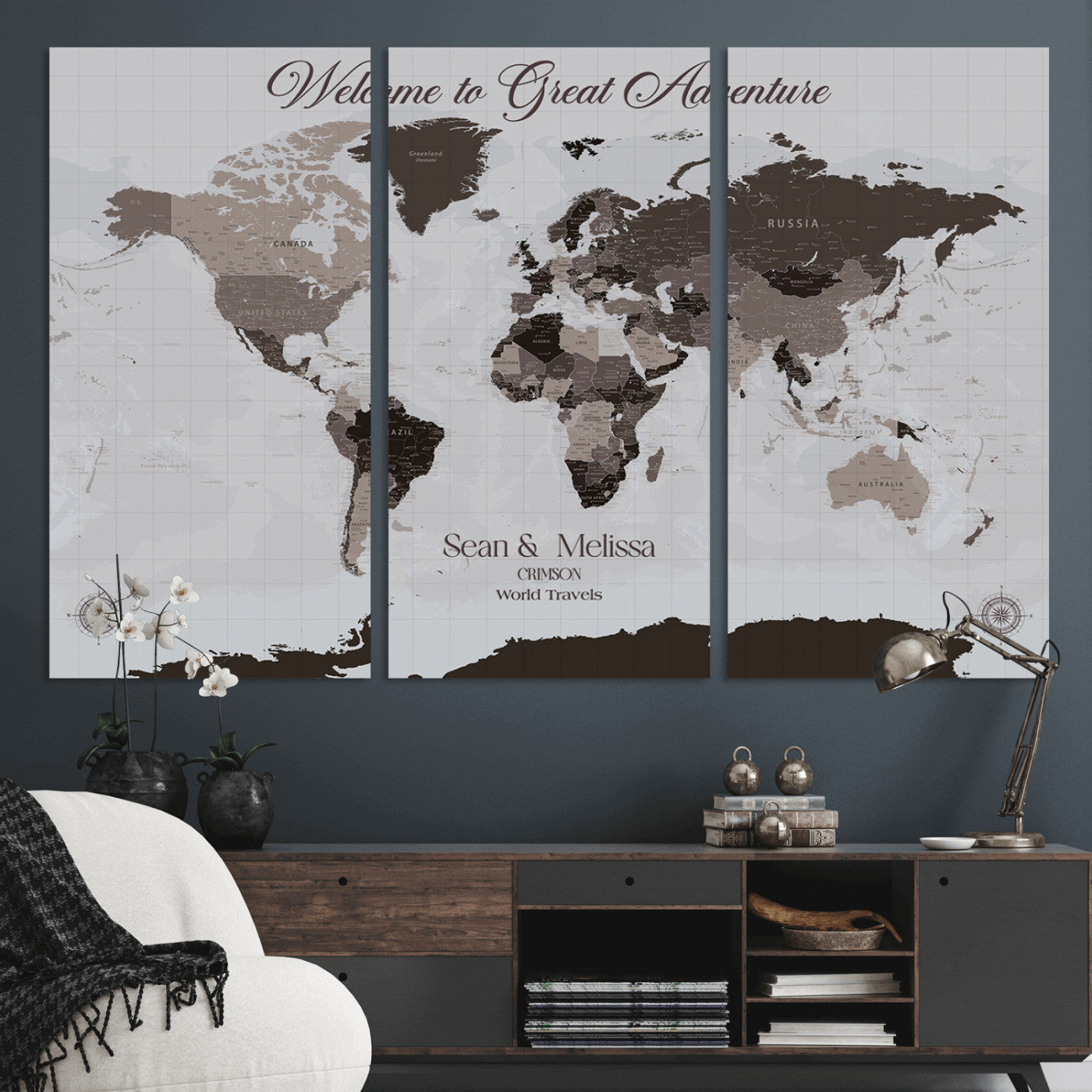 -Personalized Gray Brown World Map Canvas Custom Framed Push Pin Travel Tracker Modern Neutral Wall Art Gift Couples for Home, Office