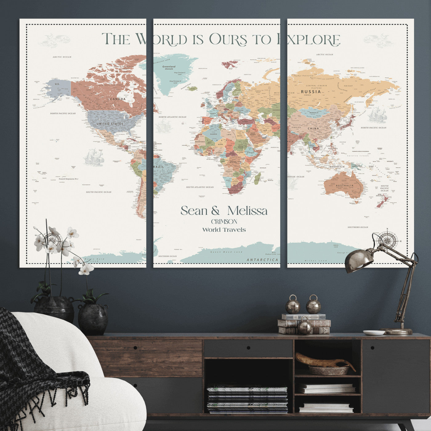 Rehber01-MGV-CV-36X24-Custom Push Pin World Map Wall Art Canvas Print – Personalized Travel Tracker with Pins Framed Large for home, office
