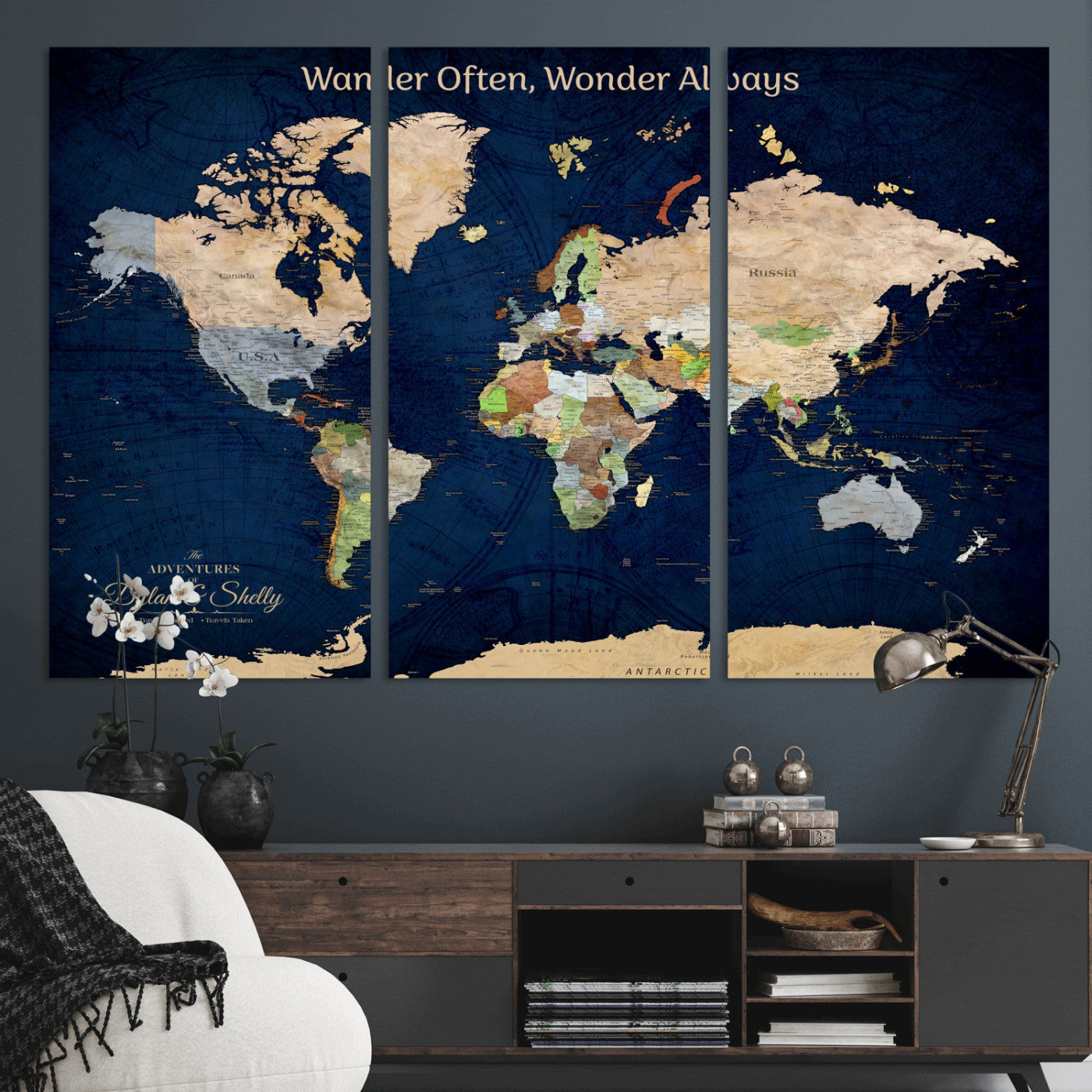 Rehber01-MGV-CV-36X24-Personalized World Map Canvas – Custom Framed Push Pin Travel Map Wall Art, Navy Blue Vintage Gift for Couples and Adventurers