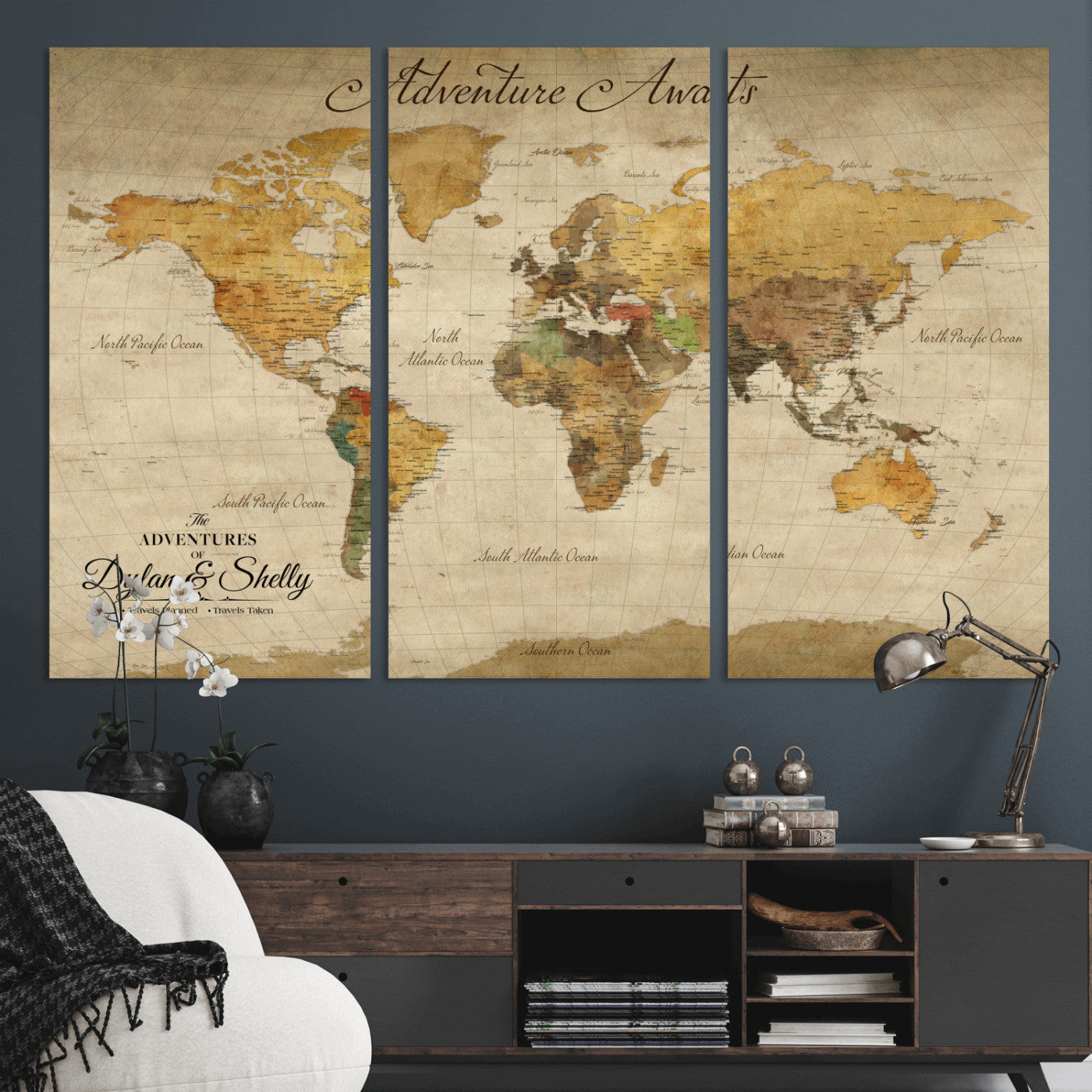 50298017-MGV-CV-36X24-Personalized World Map Canvas – Custom Framed Push Pin Travel Map Wall Art, Vintage Style Gift for Couples and Travelers