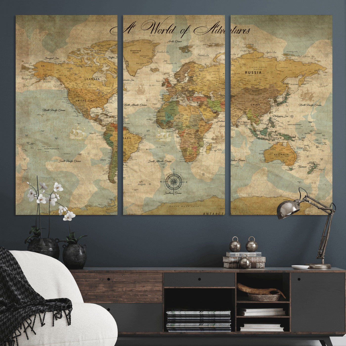 Rehber01-MGV-CV-36X24-Personalized World Map Canvas – Custom Framed Push Pin Travel Map Wall Art, Vintage Style Gift for Couples or Families