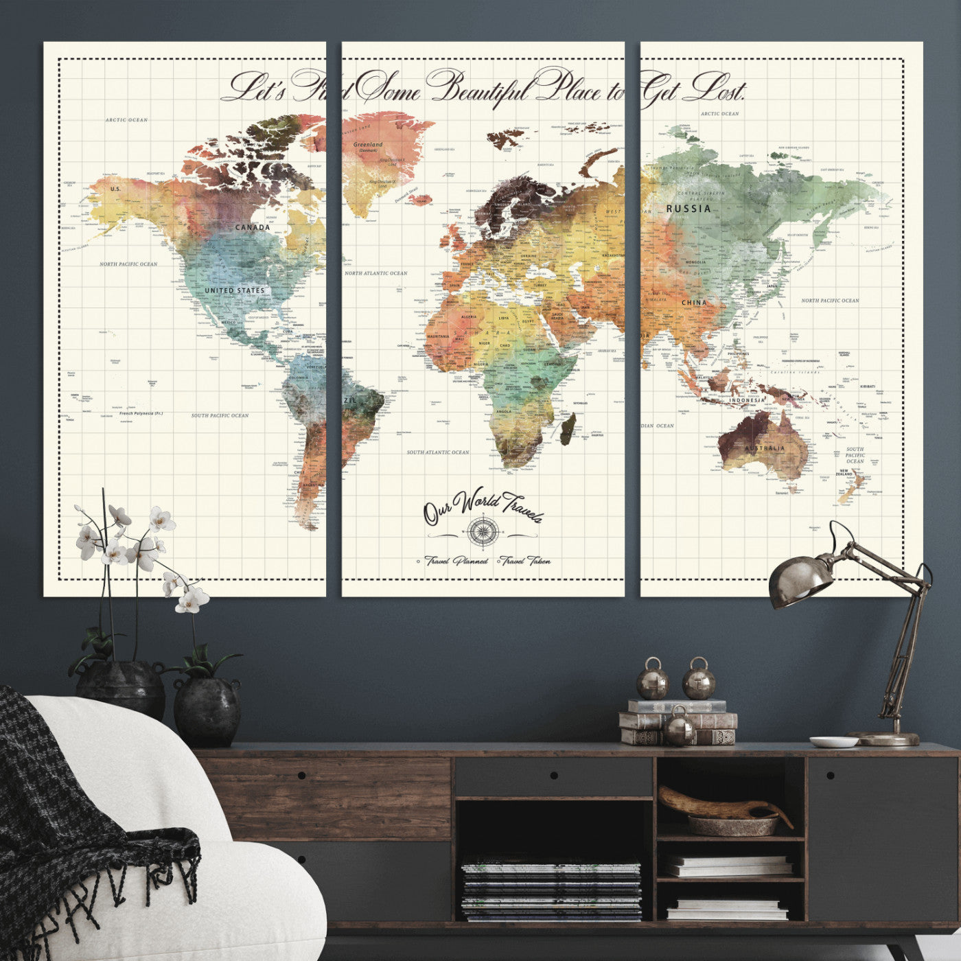 -Personalized Push Pin World Map Canvas Print – Custom Adventure Travel Tracker Map, Framed Wall Art Gift for Couples or Family