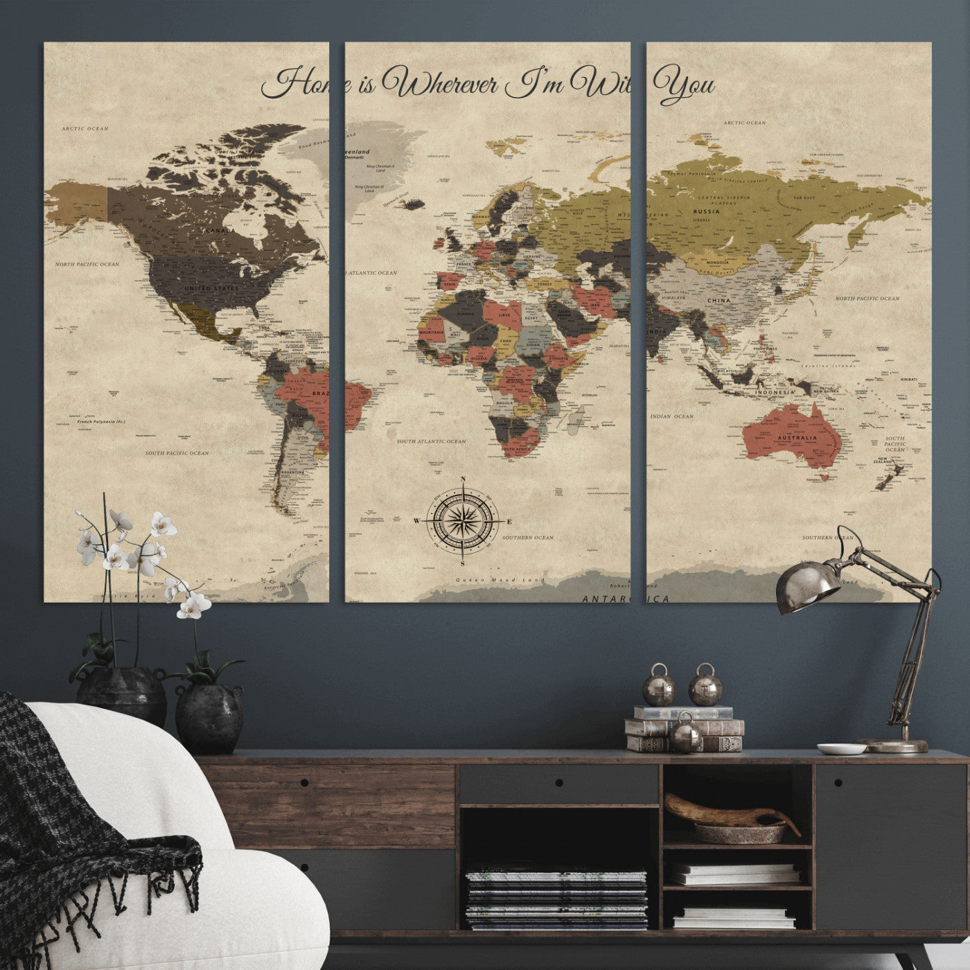 -Personalized World Map Wall Art Canvas Print – Customizable Push Pin Framed Travel Map Artwork for Home Office