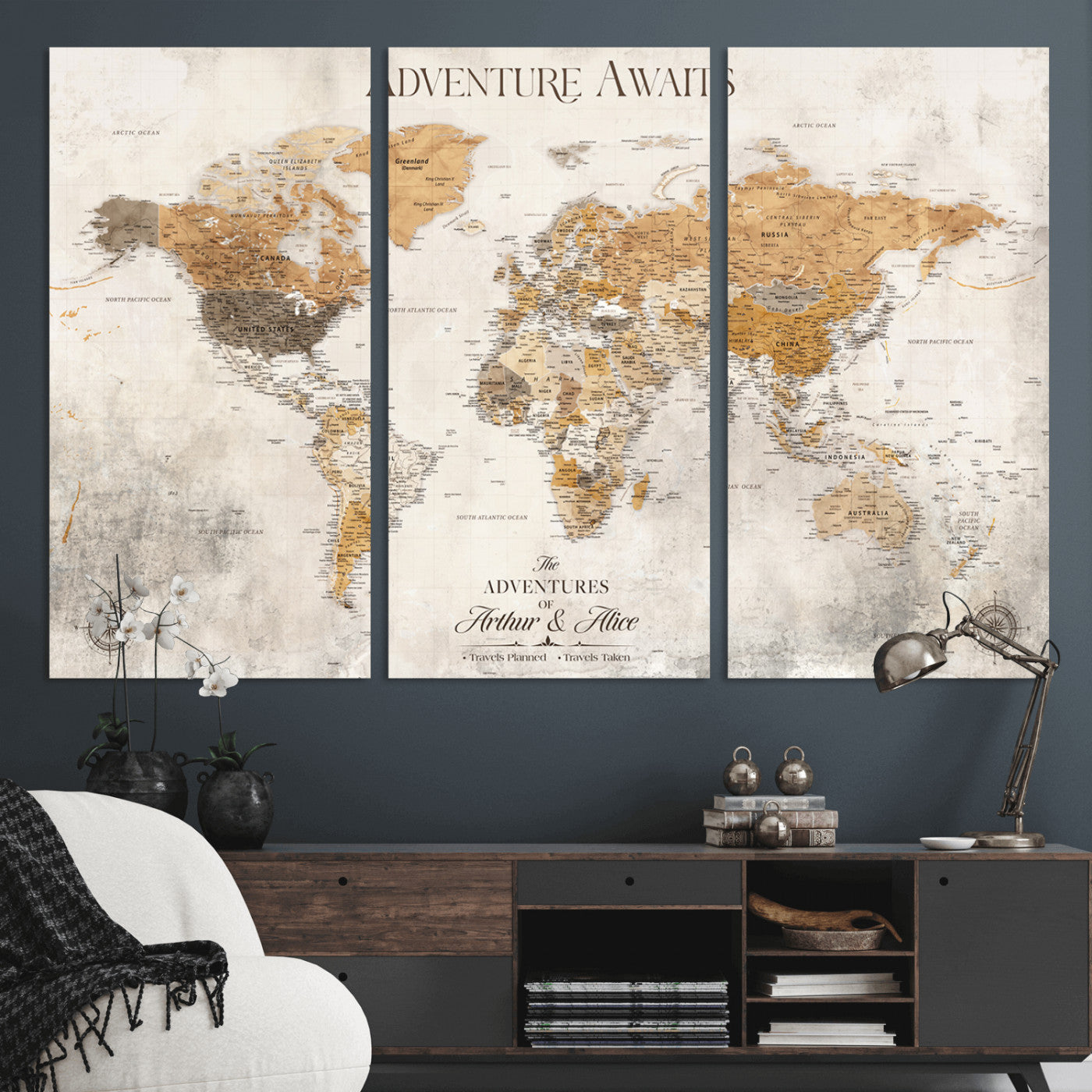 Rehber01-MGV-CV-36X24-Personalized World Map Canvas Print – Custom Push Pin Travel Map Vintage Neutral Style Gift for Couples Travelers for Home Office