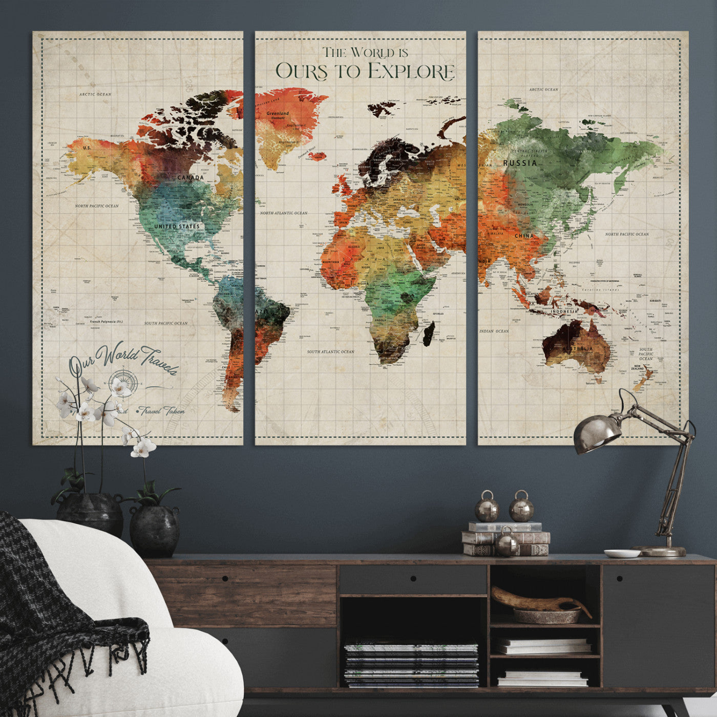 Rehber01-MGV-CV-36X24-Custom Push Pin World Map Wall Art Canvas Print – Personalized Travel Tracker Map Framed Artwork for Home Office