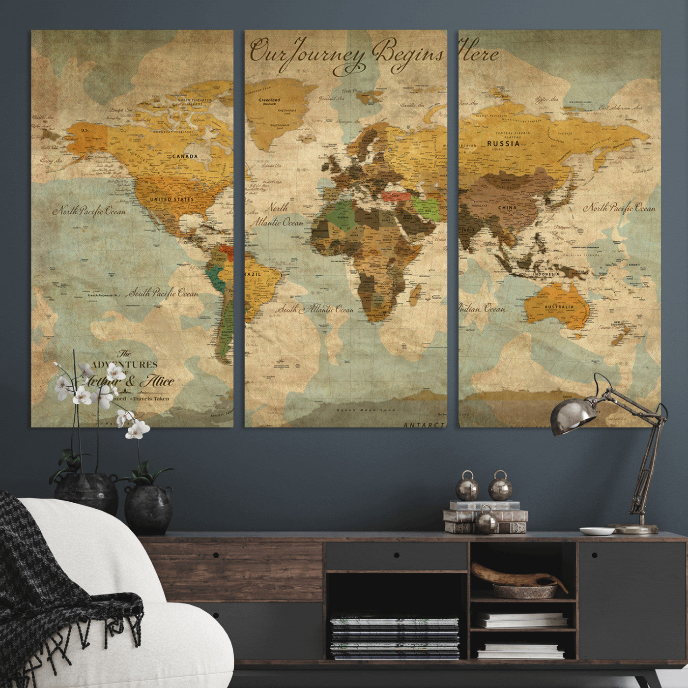 40572820-MGV-CV-36X24-Personalized World Map Canvas – Custom Framed Push Pin Travel Map Wall Art, Vintage Style Gift for Couples