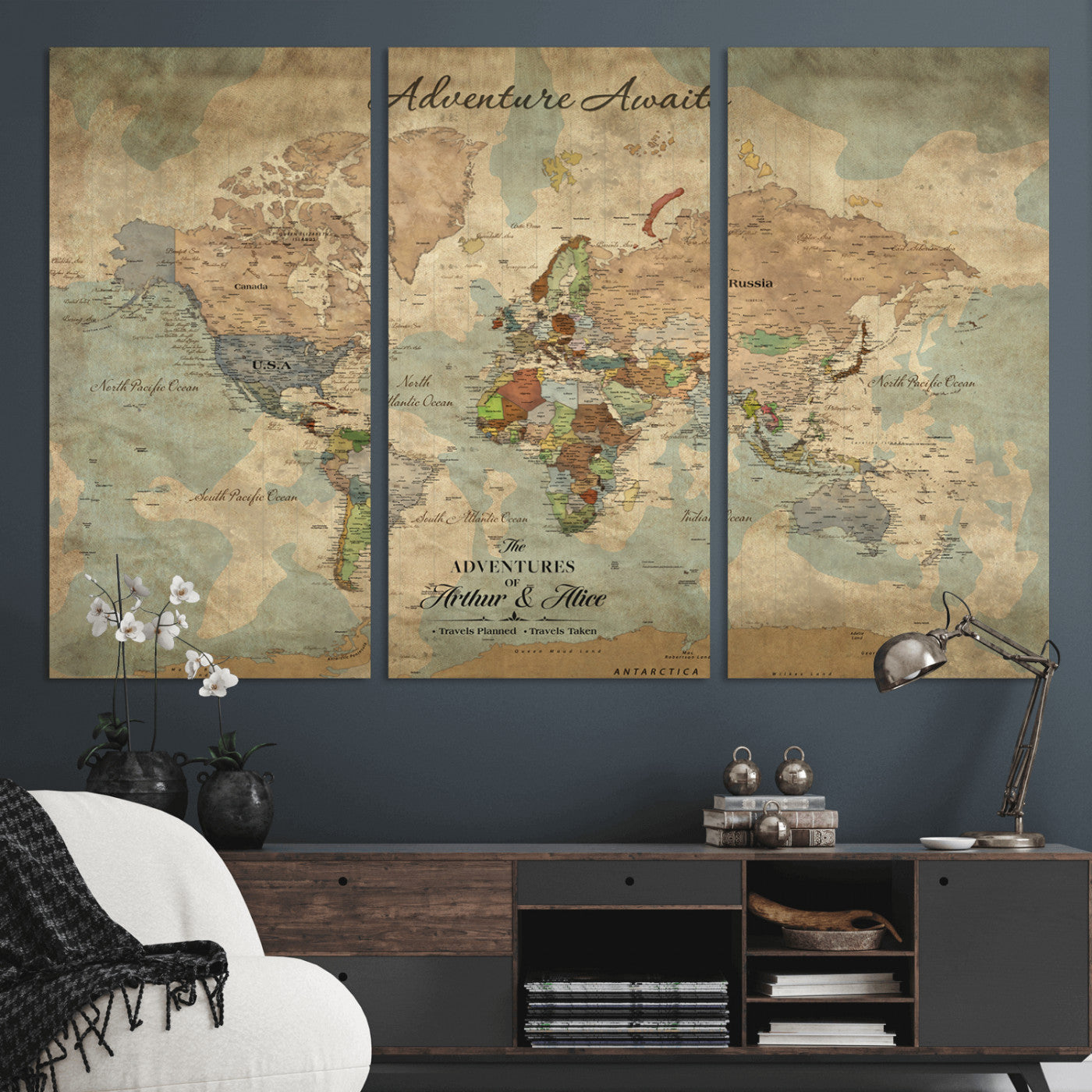 Rehber01-MGV-CV-36X24-Personalized Vintage World Map Canvas Print – Custom Push Pin Travel Map Antique Style Gift for Couples Travelers for Home Office