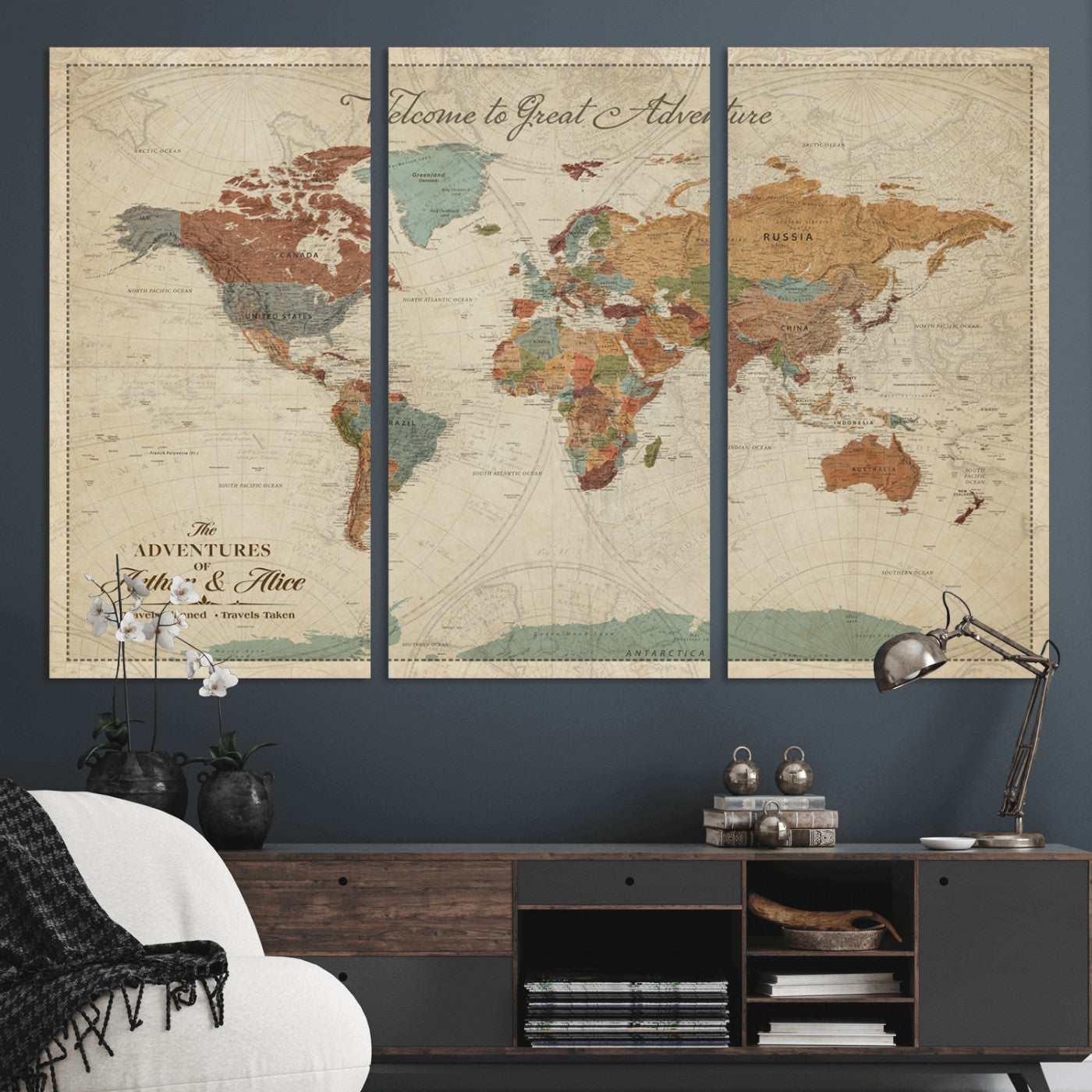 Rehber01-MGV-CV-36X24-Personalized Antique World Map Canvas Print – Custom Push Pin Travel Map Vintage Gift for Couples Explorers for Home, Office