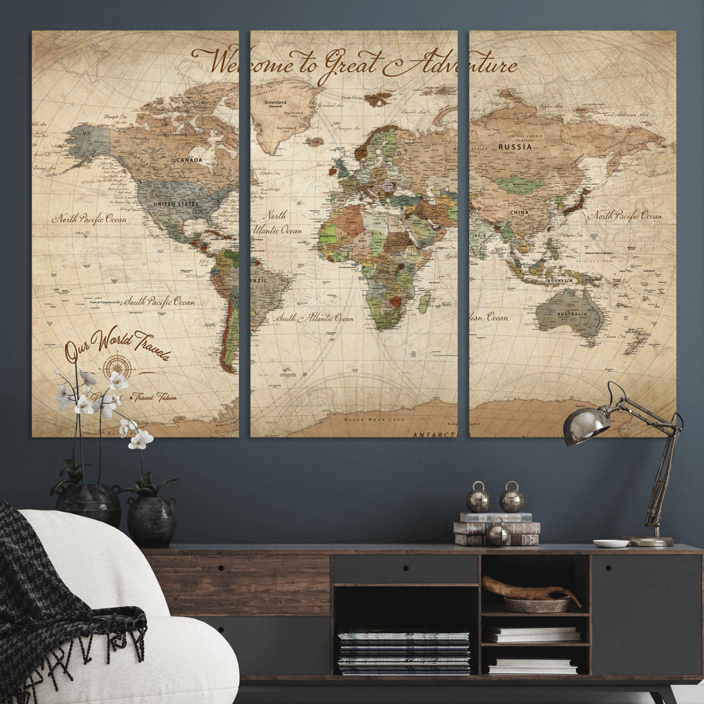 -Personalized Antique World Map Canvas Print – Custom Push Pin Travel Tracker Vintage Adventure Gift for Couples for Home, Office