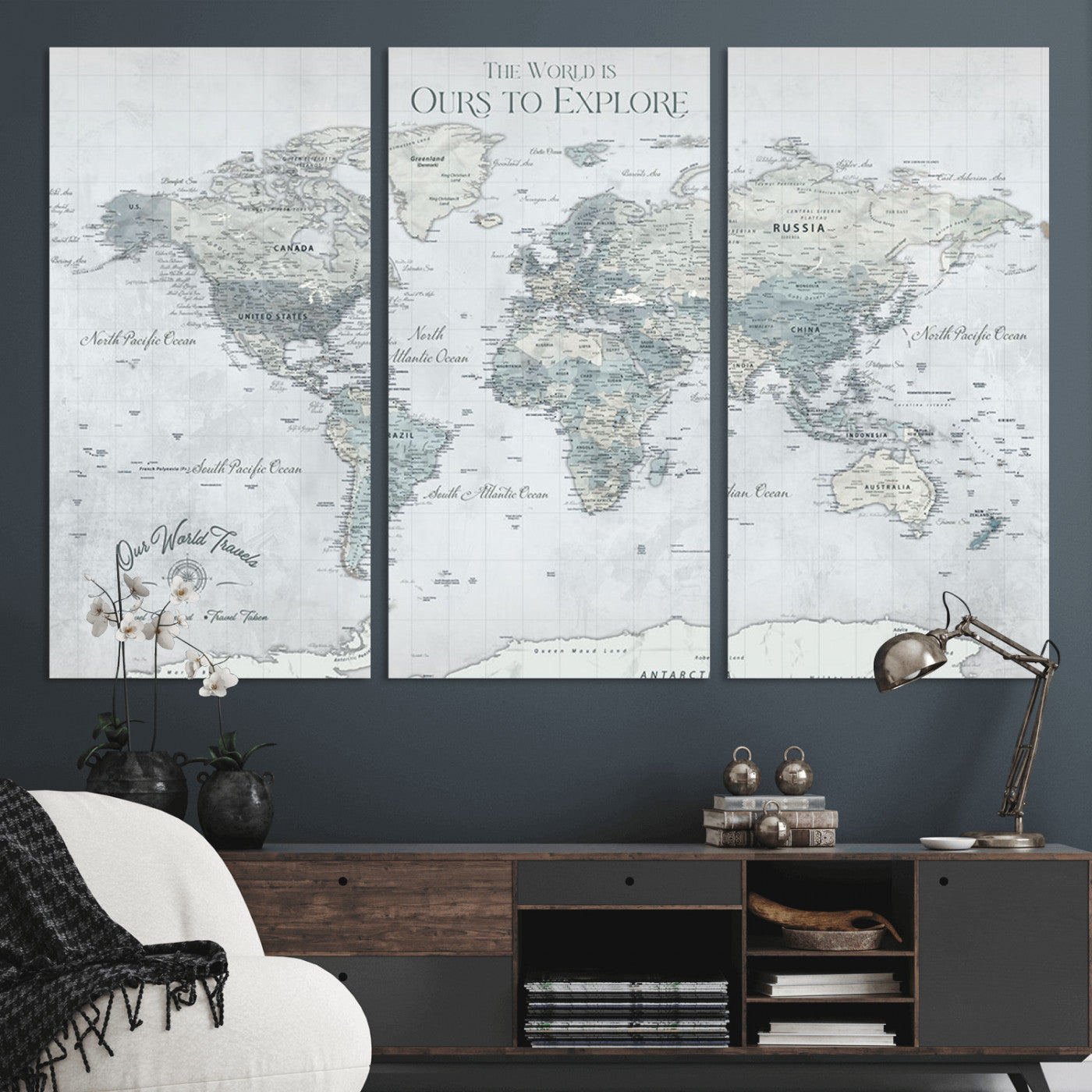 73654056-MGV-CV-48X32-3P - Personalized Push Pin World Map Canvas Print – Custom Framed Travel Tracker Artwork for Couples or Home Decor