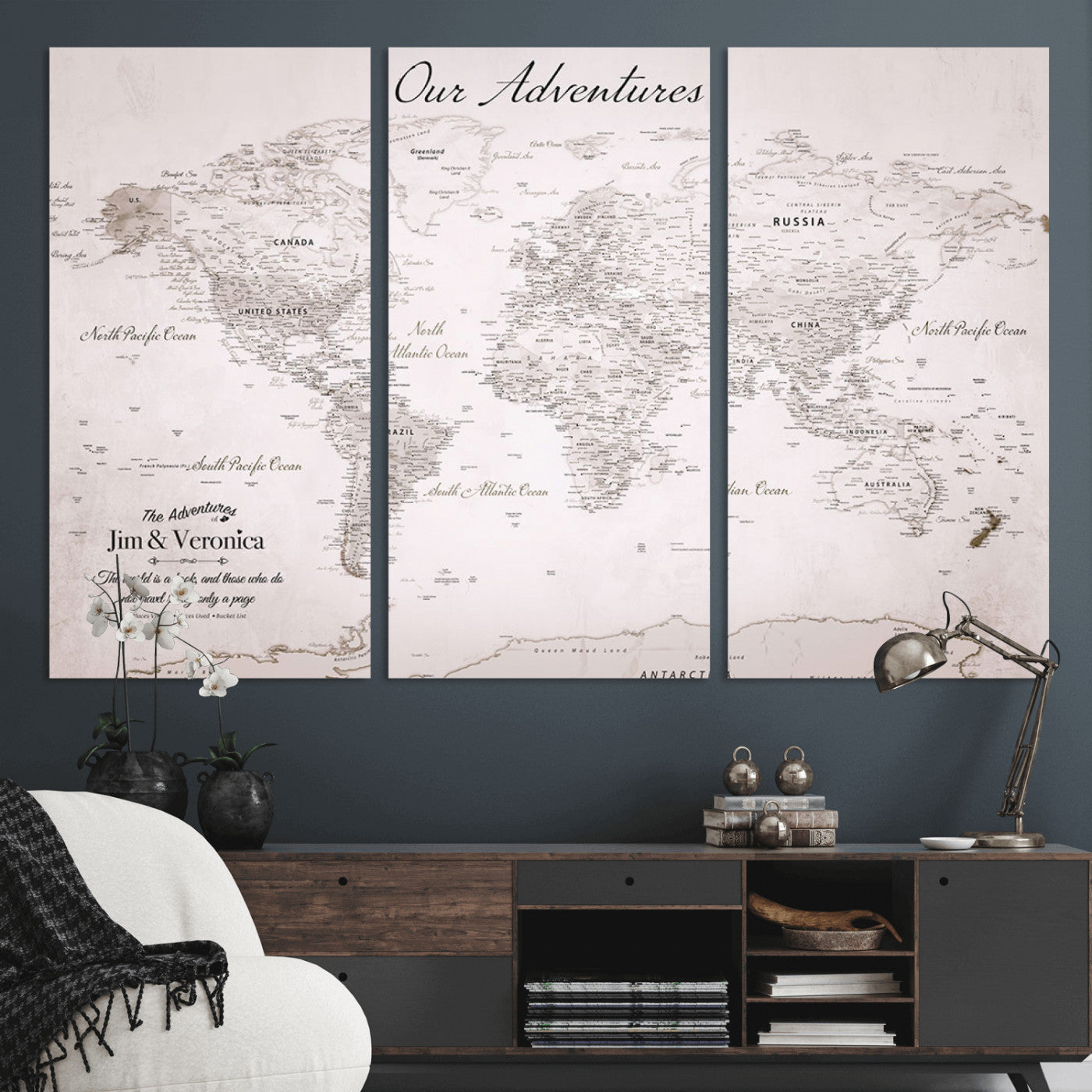 14561774-MGV-CV-36X24-Custom Push Pin World Map Wall Art – Personalized Travel Canvas Print with Foam Pins Framed Decor for Home, Office