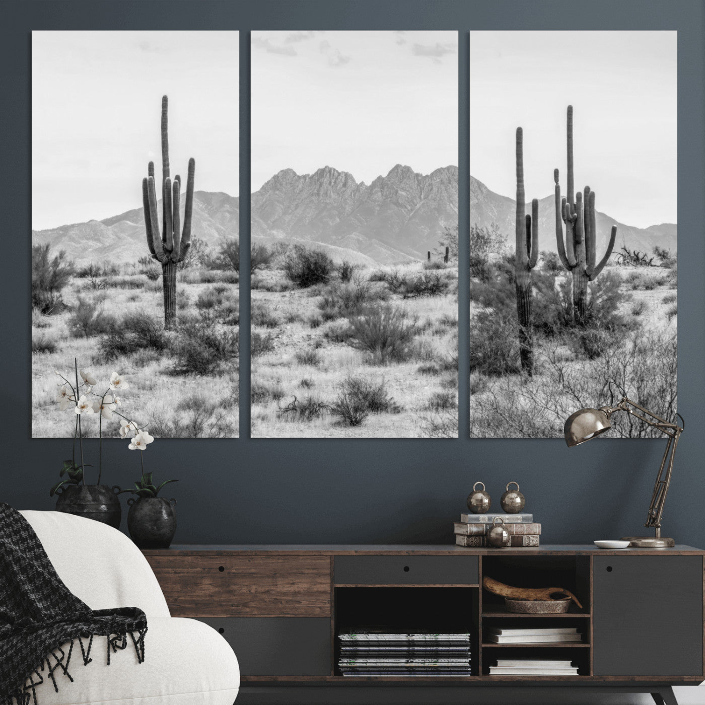 97436PHN-MGV-CV-36X24 - Black White Arizona Desert Canvas Wall Art Cactus Farmhouse Wall Art