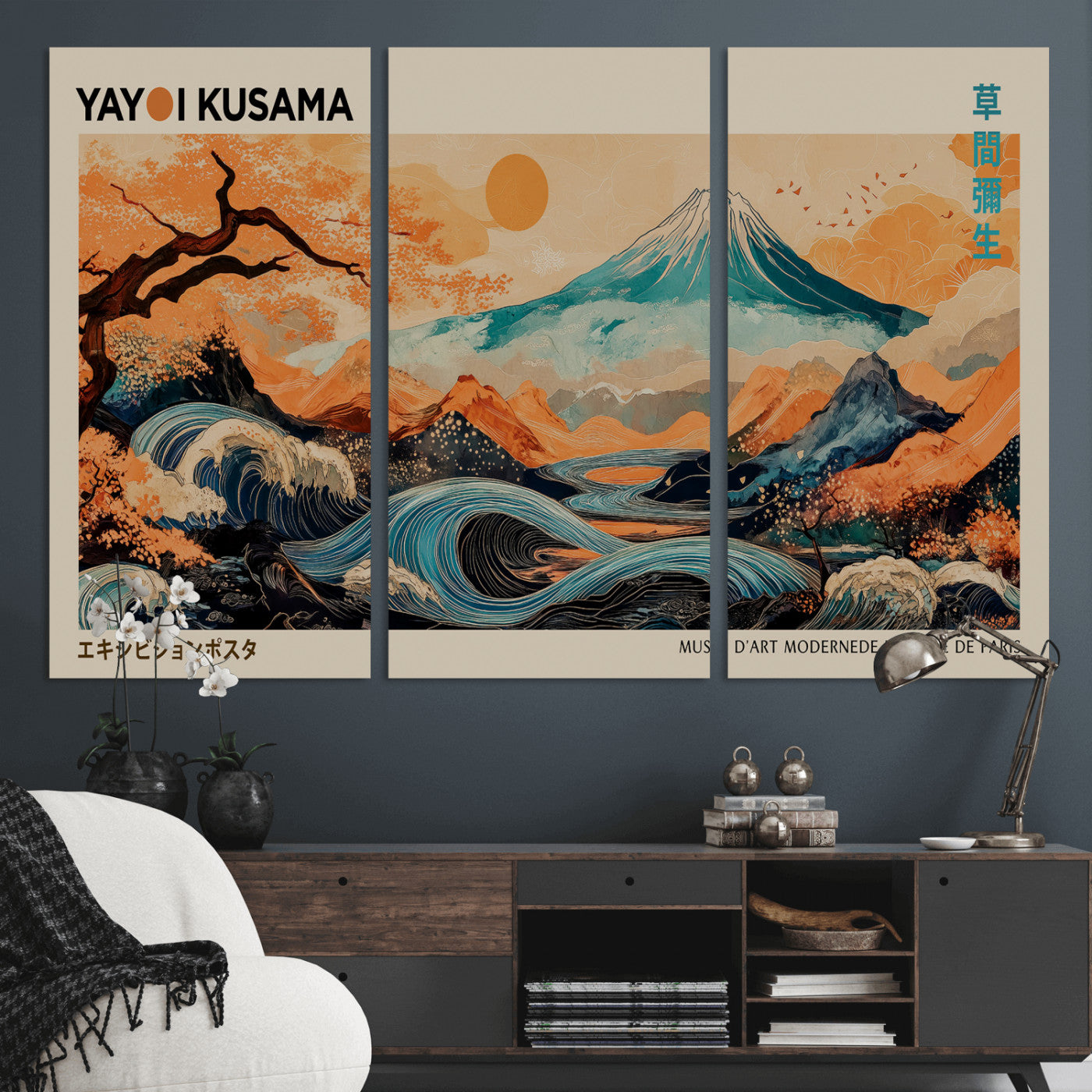 94085549-MGV-CV-36X24 - Yayoi Kusama Japanese Landscape Wall Art Canvas Print – Modern Abstract Mount Fuji Wall Art - Japanese Waves & Autumn Trees Print