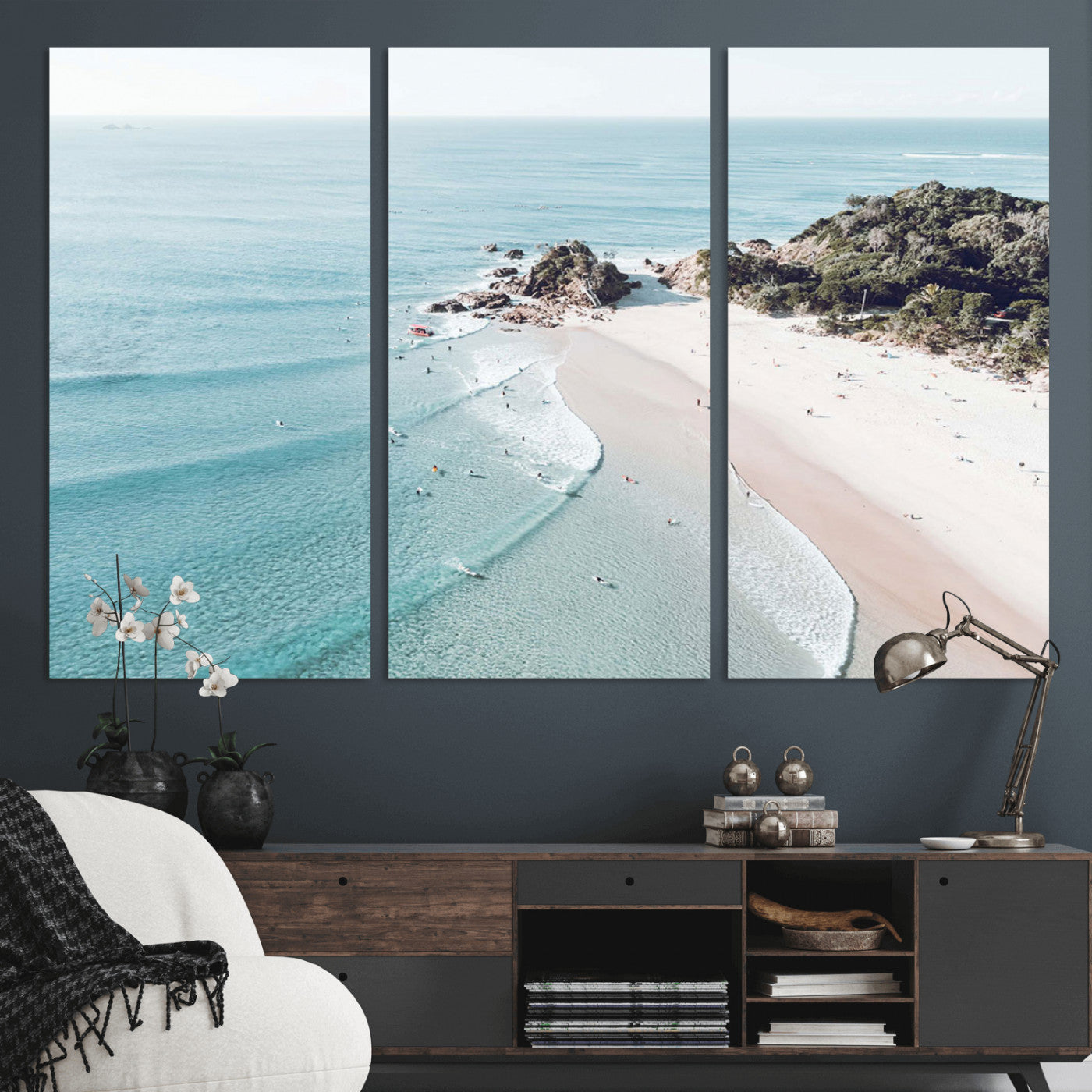 79395467-MGV-CV-36X24 - Aerial Beach Wall Art Canvas Print, Coastal Ocean Waves and Surfers Scenic Seaside Artwork for Home, Office Decor