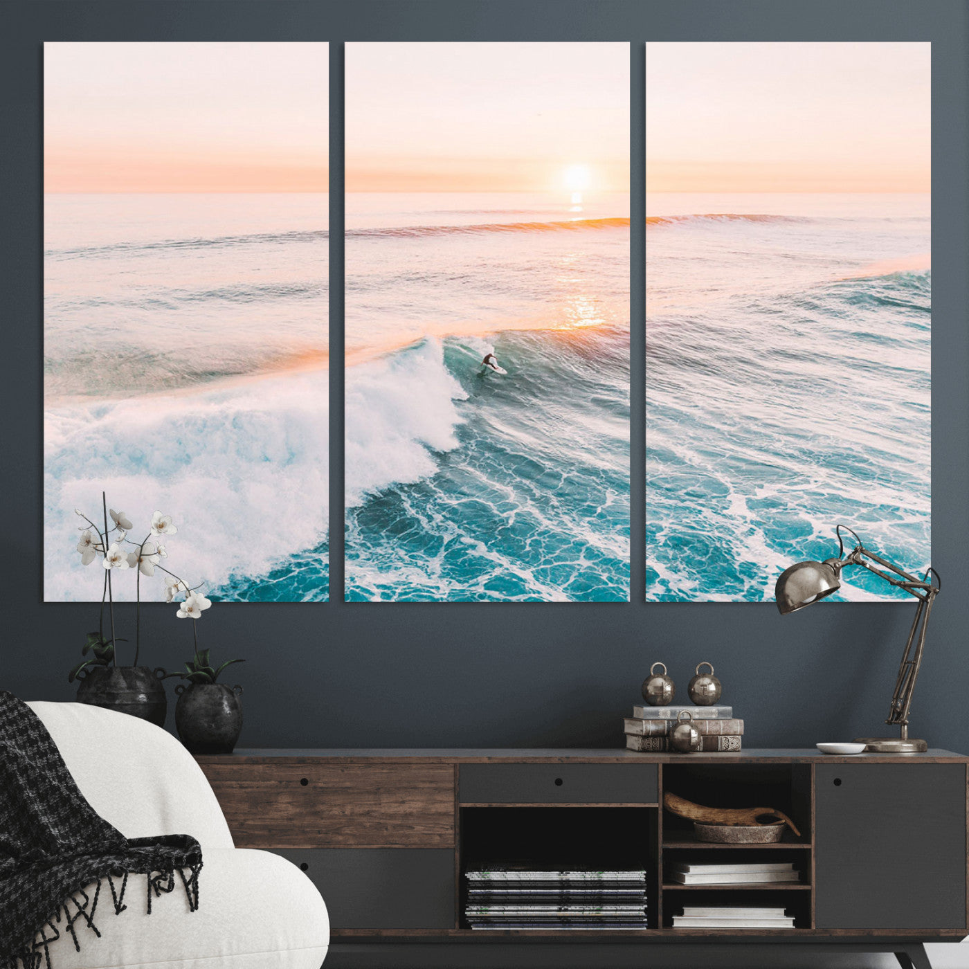 34064591-MGV-CV-36X24 - Sunset Surfing Wall Art Canvas Print, Ocean Wave Surfer with Golden Sky Artwork for Home, Office, Living Room