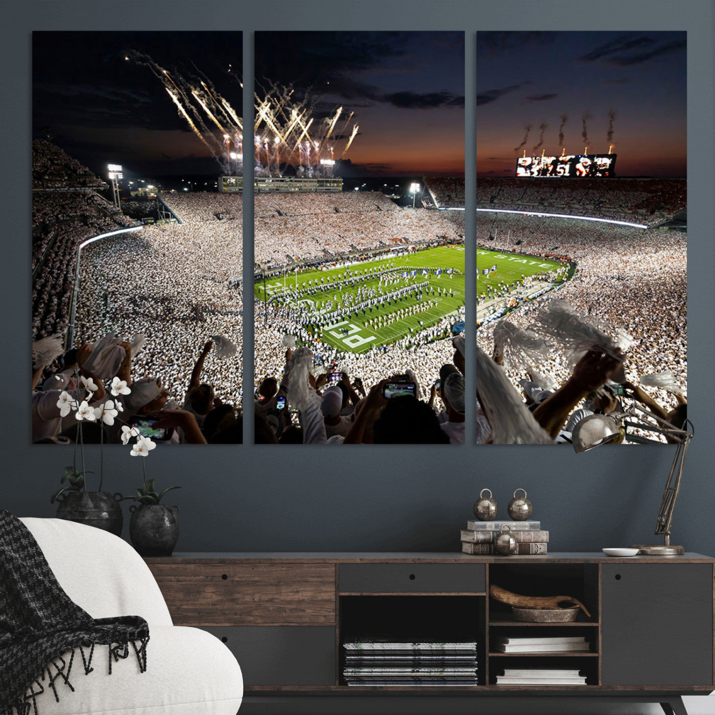 11221988-MGV-CV-48X32-3P - Epic Night Football Stadium Wall Art Canvas Print, Fireworks and Crowd Energy Game Day Excitement Decor for Home, Office