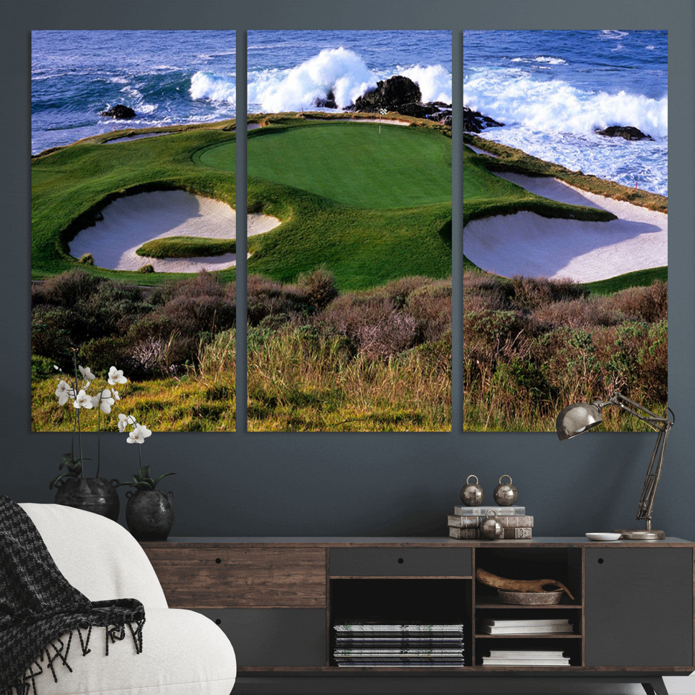 22776914-MGV-CV-36X24-Ocean Cliff Golf Green Canvas Print – Framed Majestic Coastal Scene with Lush Green Artwork for Home, Office