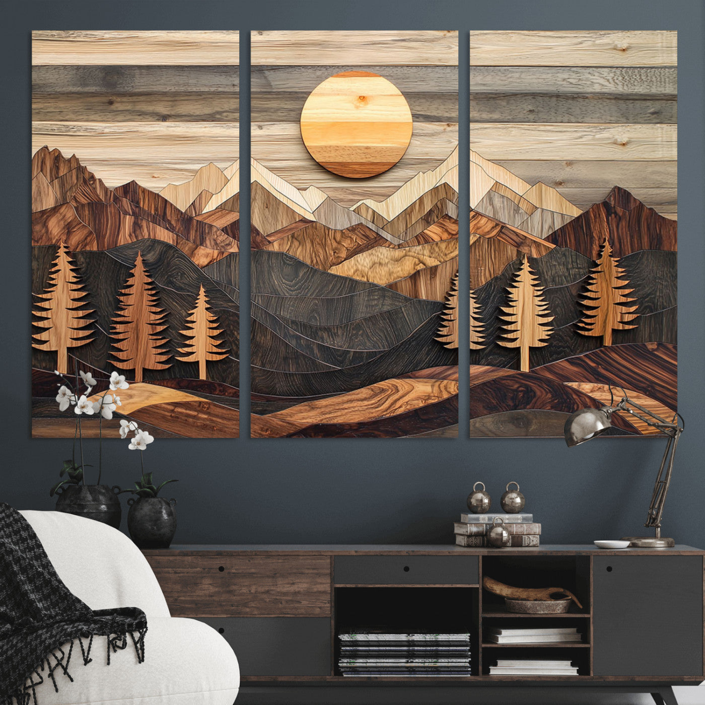 19832326-MGV-CV-48X32-3P - Wooden Mountain Landscape Layered Texture Geometric Shapes Sun Pine Trees Rustic Natural Tones Art