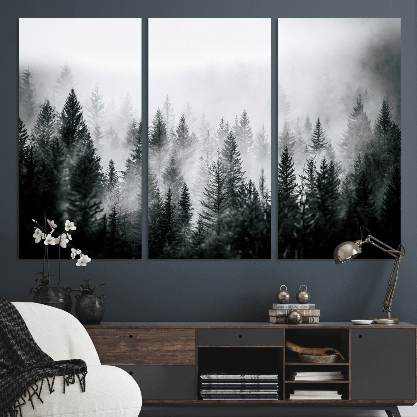 MGV-CV-48X32-3P - Foggy Pine Forest Canvas Wall Art – Black and White Nature Landscape Print, Horizontal Canvas for