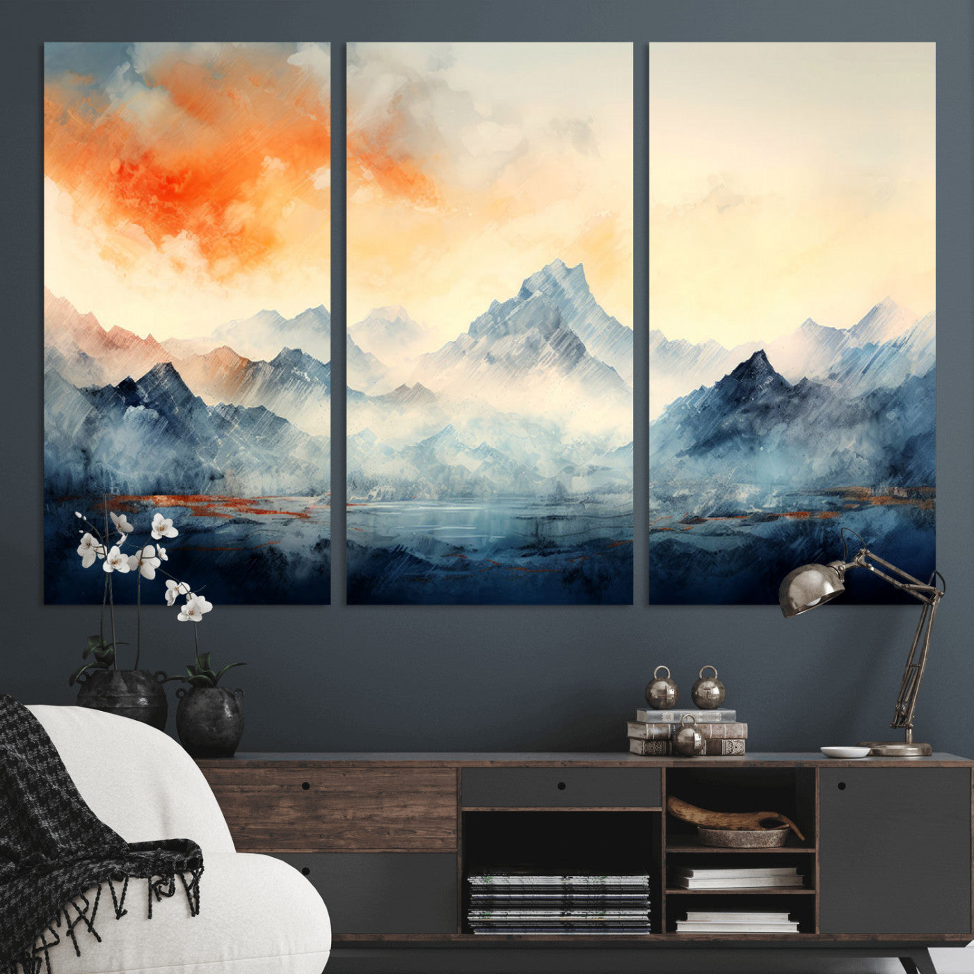 WRM1005-MGV-CV-48X32-3P - Warm Clouds Abstract Mountain Wall Art, Modern Landscape Canvas Print, Minimal Framed Artwork for Home, Office