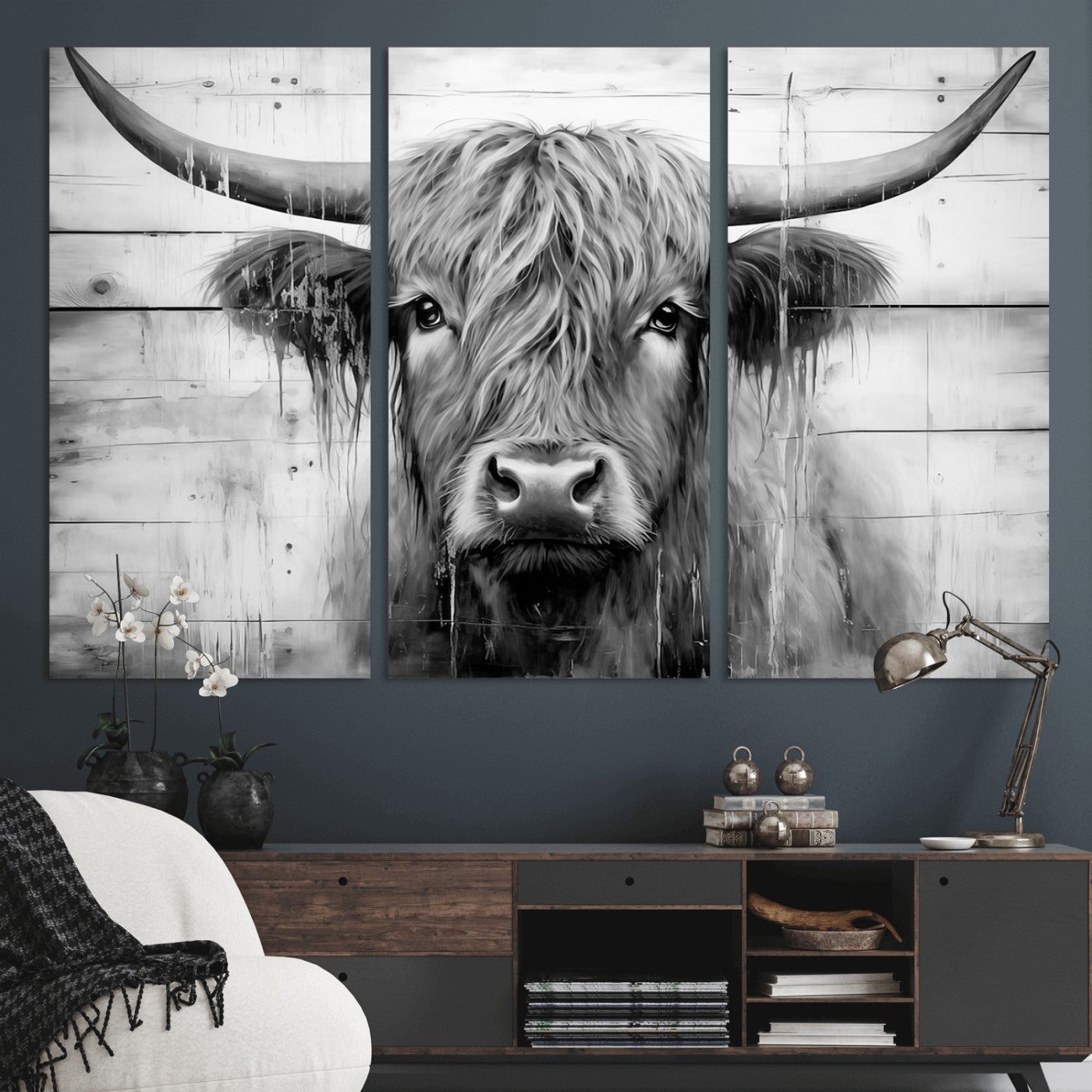 1001HASAN27-MGV-CV-48X32-3P - Black White Highland Cow Wall Art Canvas Print