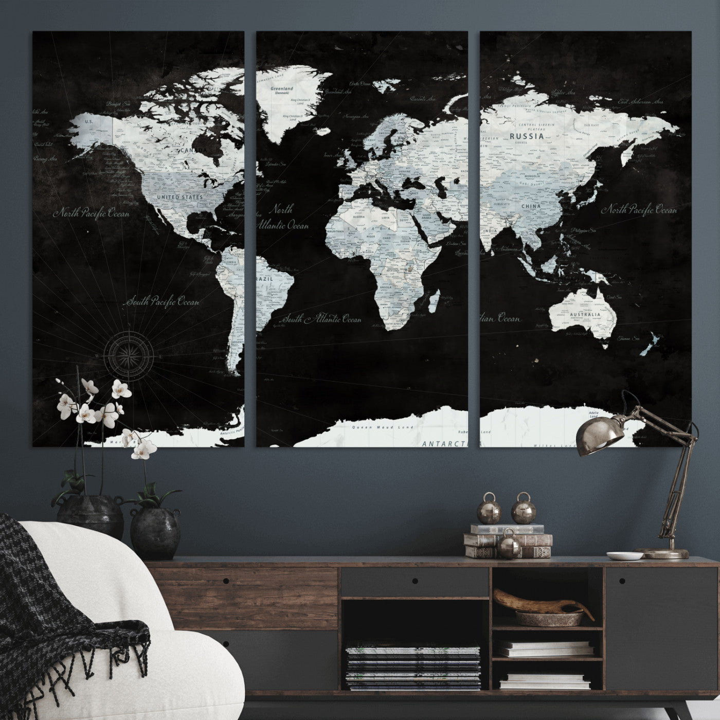 30759283-MGV-CV-48X32-3P - World Map Wall Art Canvas Print, Modern Decorative Framed Map Artwork Prints for Living Room, Office, Bedroom Wall Decor