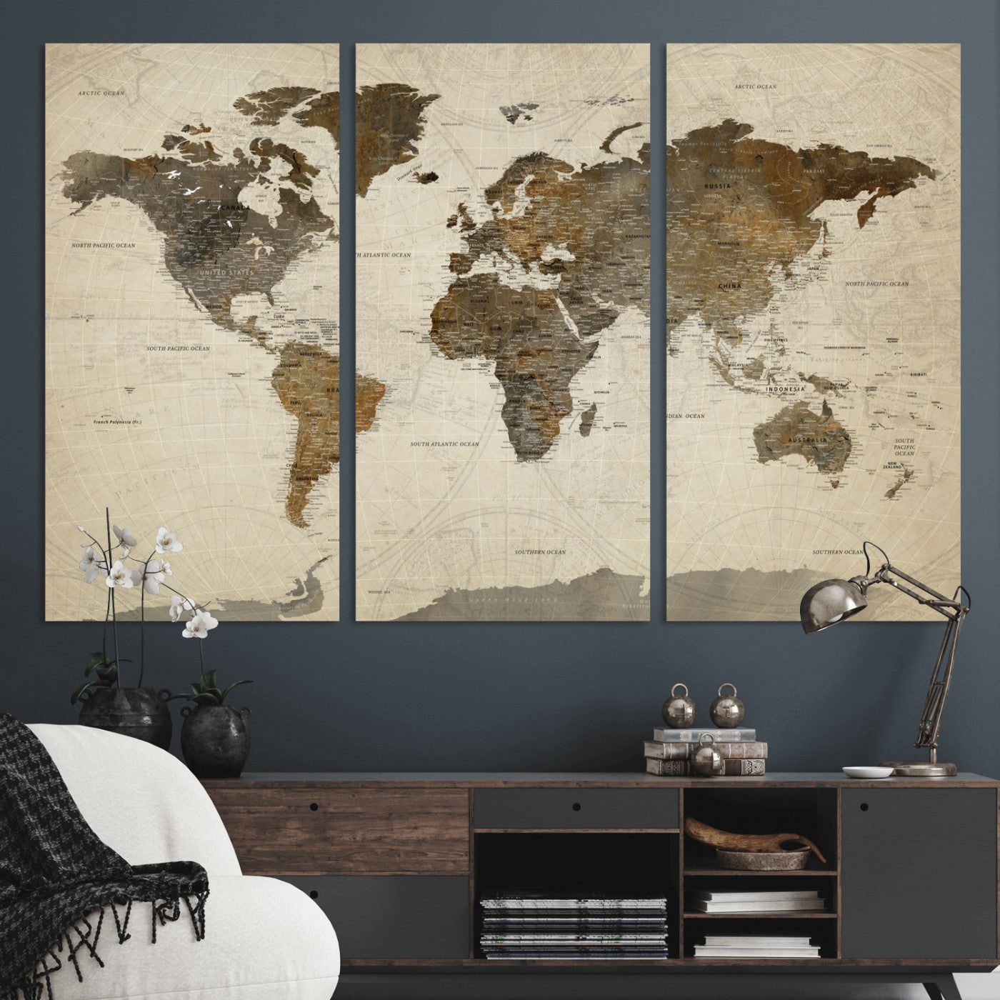 91849163-MGV-CV-48X32-3P - World Map Wall Art Canvas Print, Modern Decorative Framed Map Artwork Prints for Living Room, Office, Bedroom Wall Decor