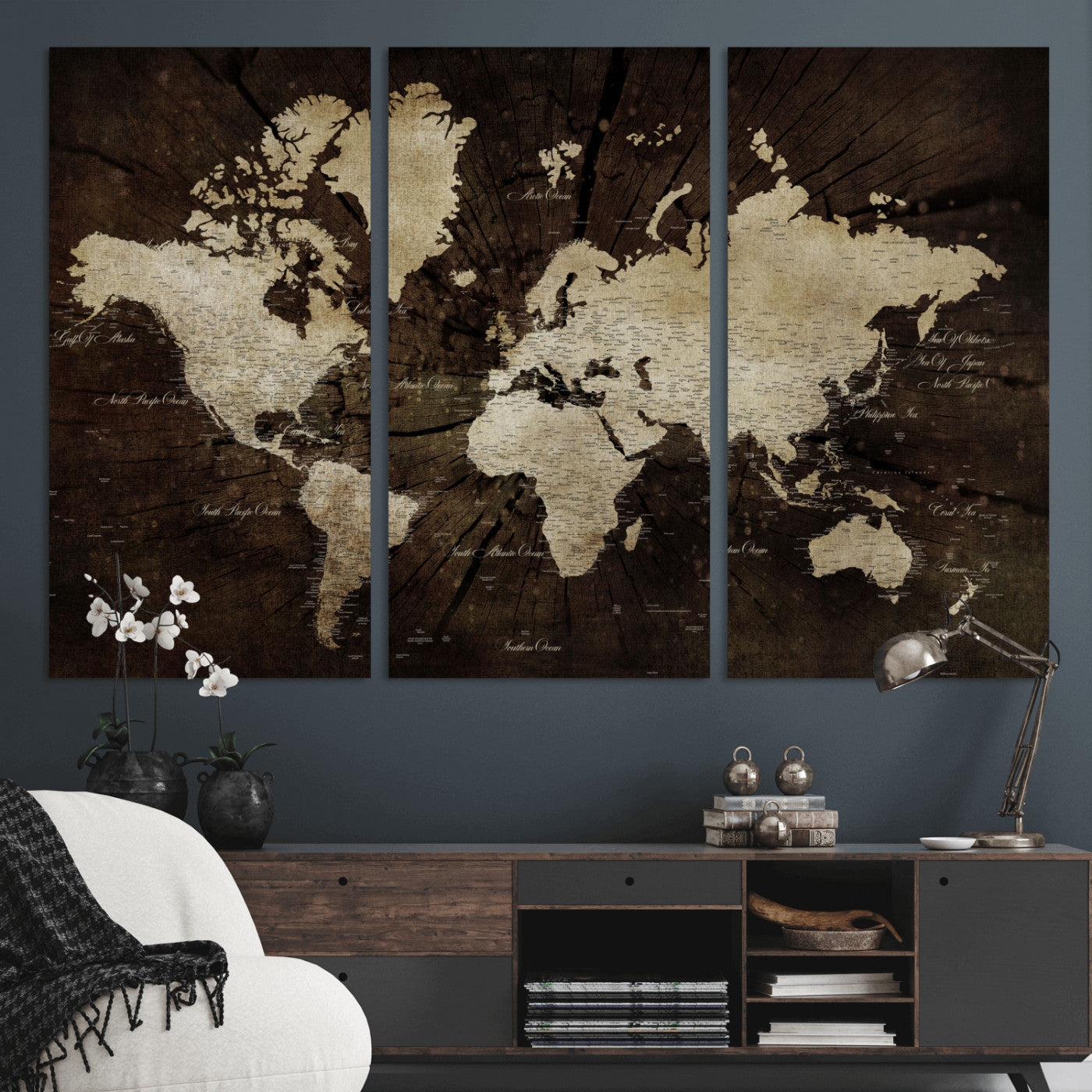 24010397-MGV-CV-48X32-3P - World Map Wall Art Canvas Print, Modern Decorative Framed Map Artwork Prints for Living Room, Office, Bedroom Wall Decor