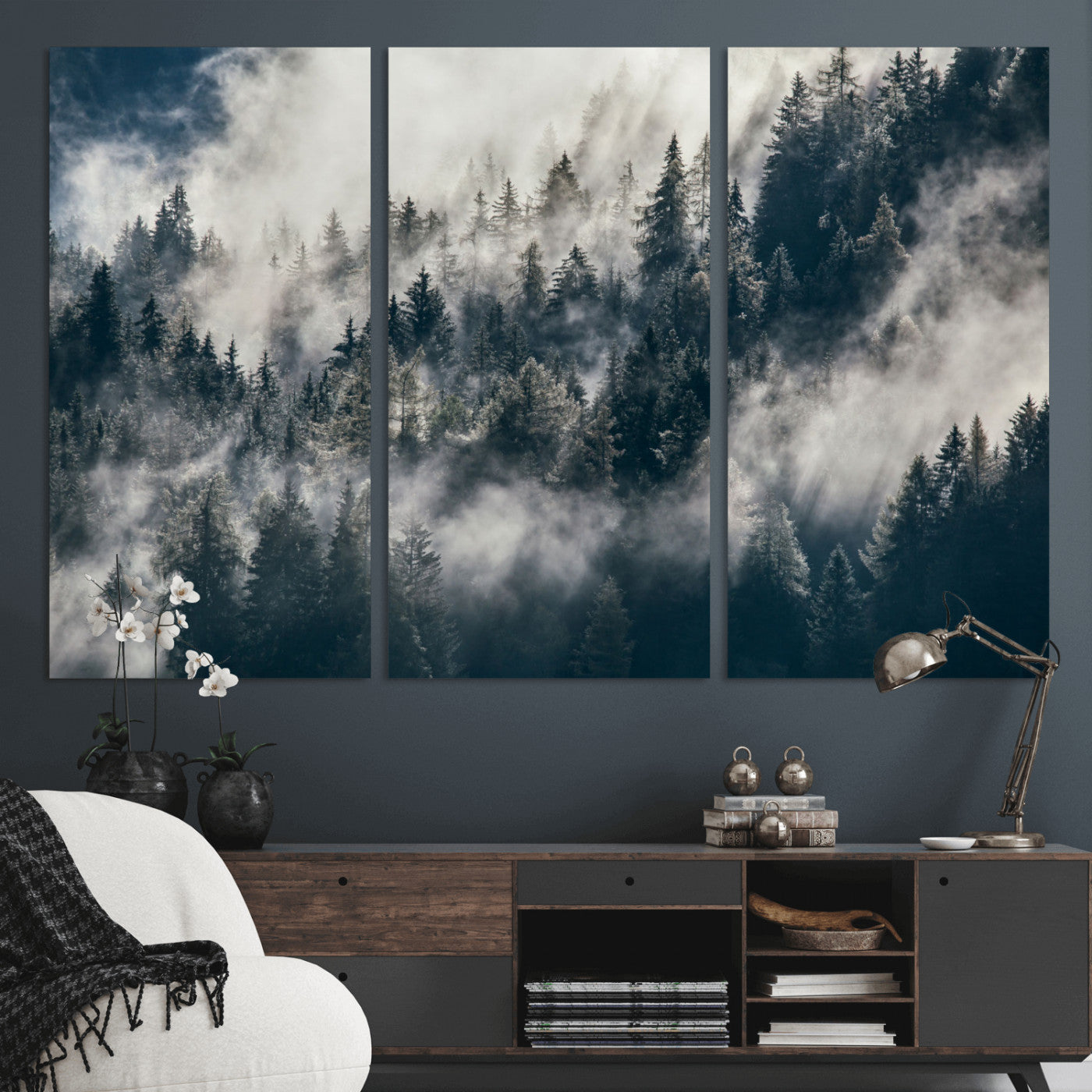 270372951-MGV-CV-48X32-3P - Misty Pine Forest Canvas Wall Art – Dark Forest Mountaing and Nature Landscape Print, Horizontal Canvas Print