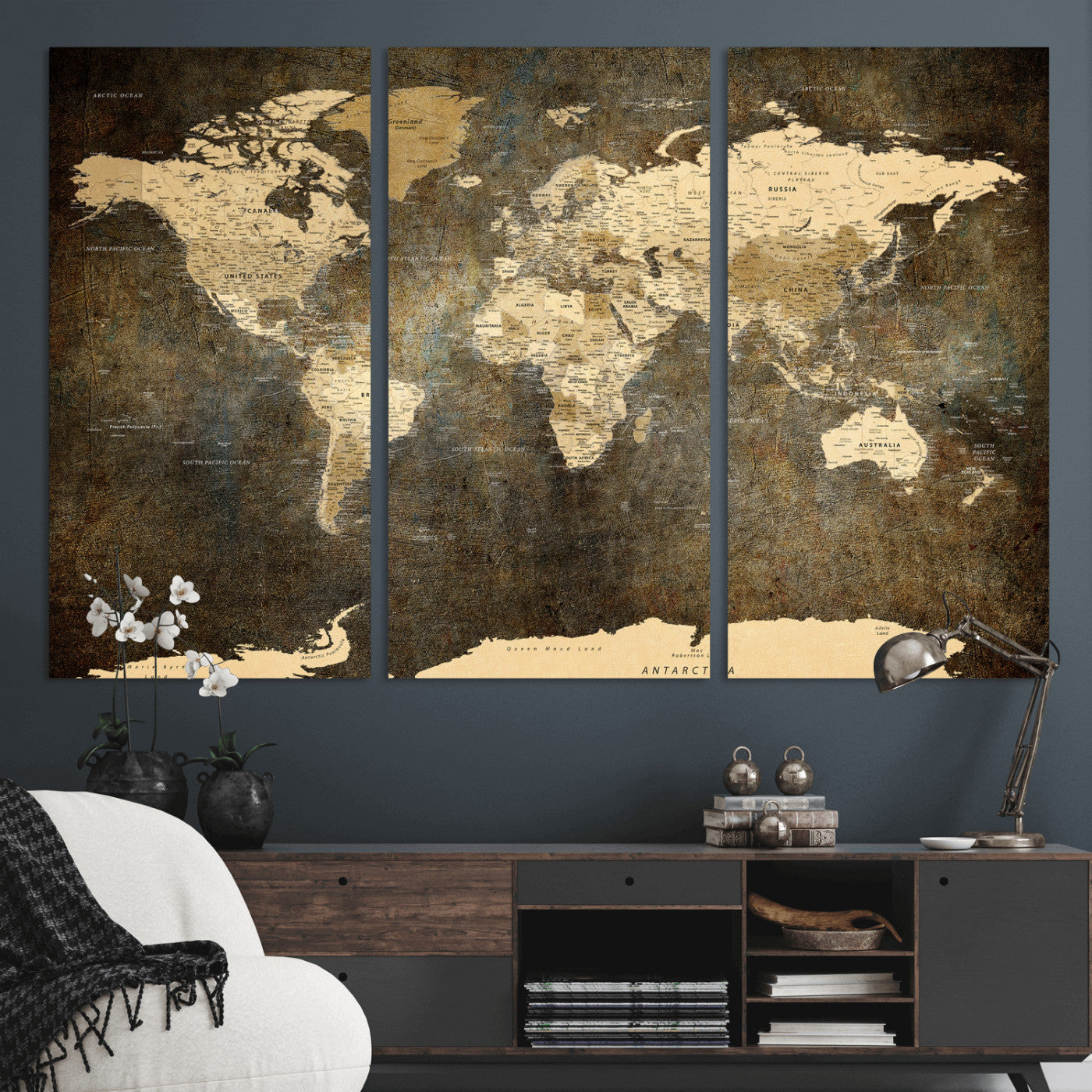 89742472-MGV-CV-36X24 - World Map Wall Art Canvas Print, Modern Decorative Framed Map Artwork Prints for Living Room, Office, Bedroom Wall Decor