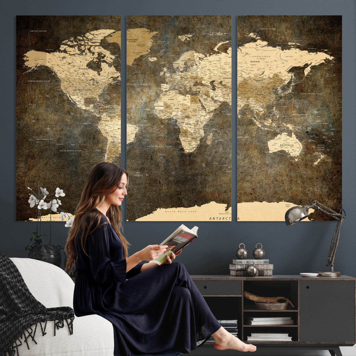 89742472-MGV-CV-36X24 - Large Framed Vintage World Map Wall Art Print for Home Wall
